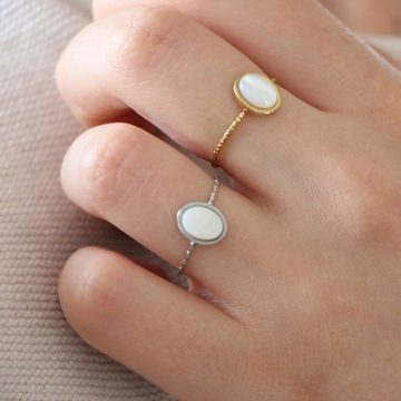 SPIEGELLUST Fingerring Damenring aus Edelstahl, Feiner Perlmutt Ring, Größenverstellbar