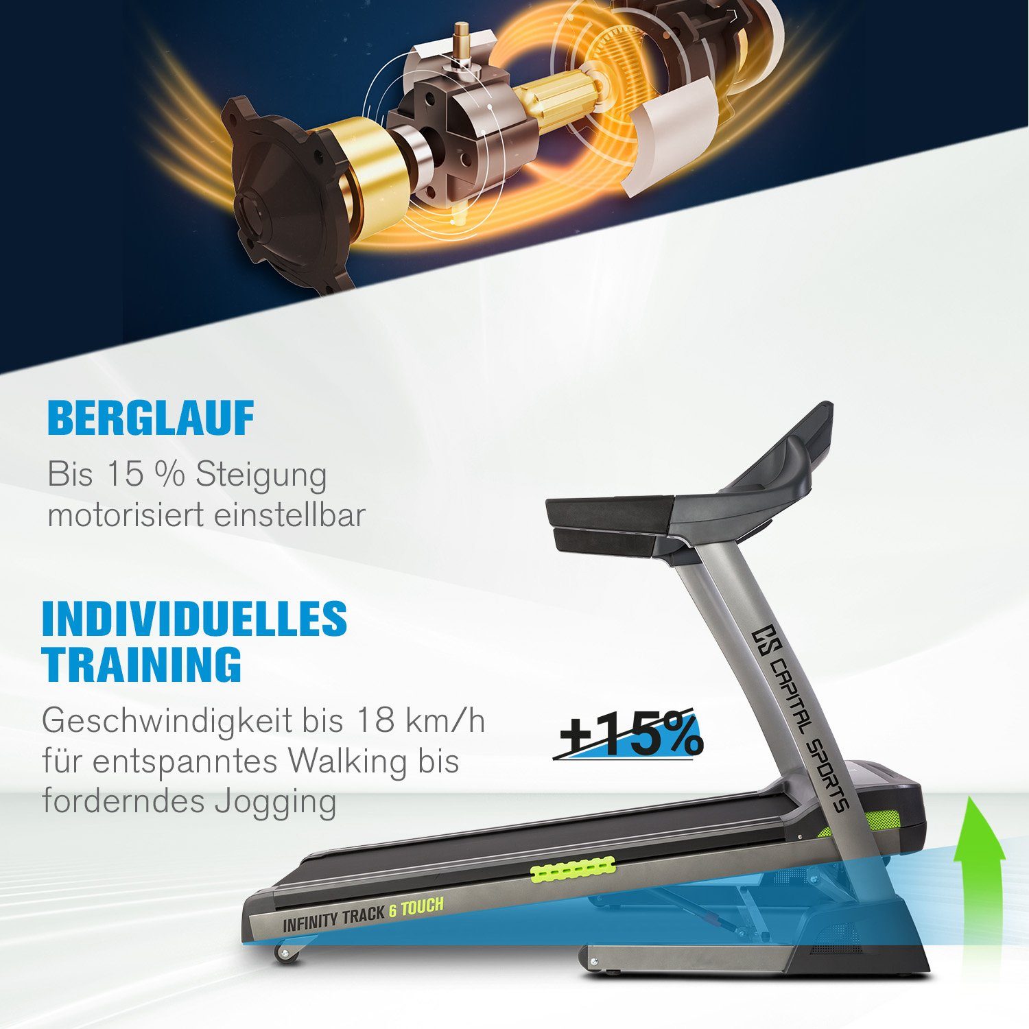 Capital Sports Laufband Infinity Track 6.0, Treadmill Laufbahn mit Pulssensor 36 Programme klappbar Bodenrollen