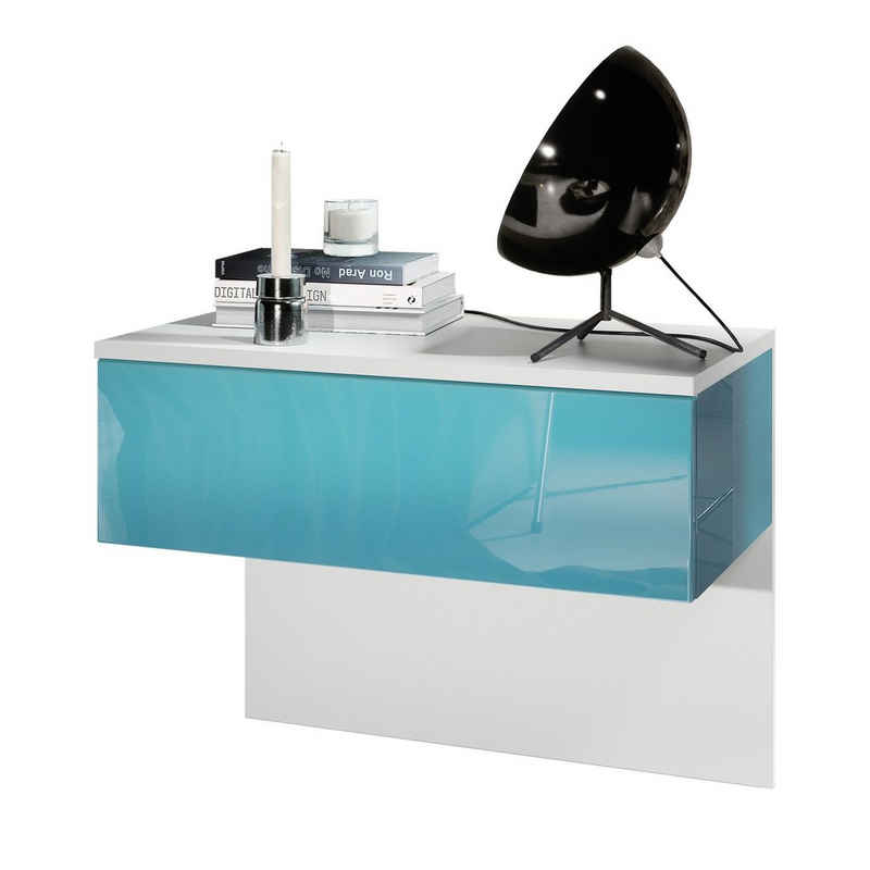Vladon Nachtkonsole »Sleep«, Nachttischschrank mit Schublade zur Wandmontage, Weiß matt/Petrol Hochglanz (60 x 46 x 35 cm)