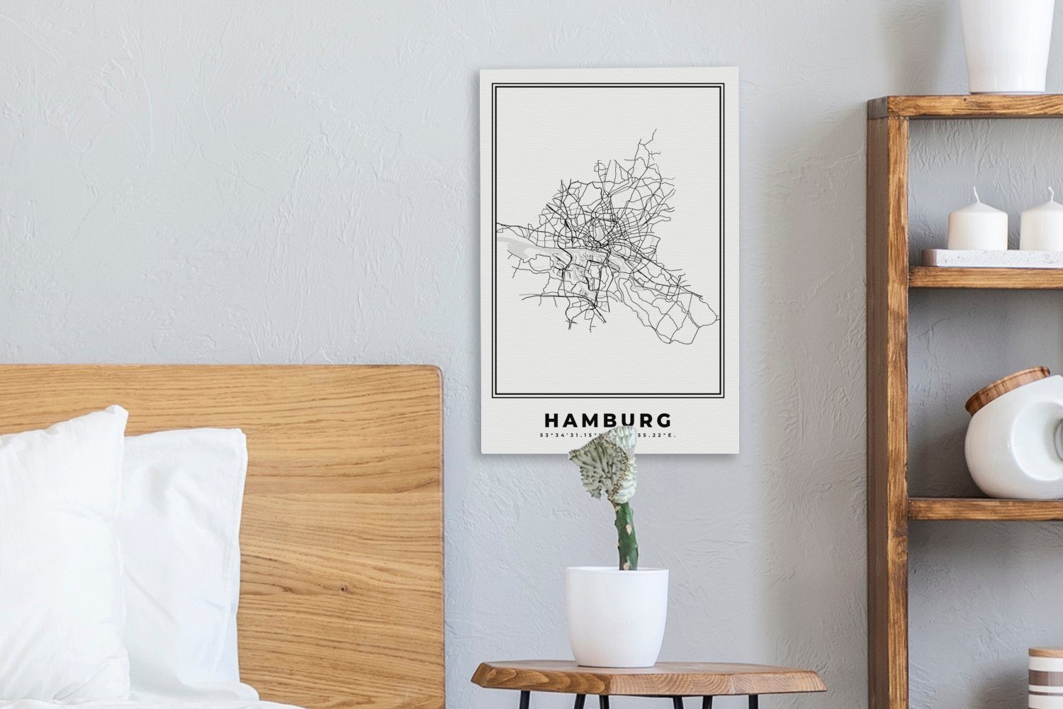 St), - (1 Karte, - Deutschland inkl. cm Karte 20x30 fertig Hamburg Schwarz-Weiß Leinwandbild Zackenaufhänger, Stadtplan OneMillionCanvasses® - - Gemälde, - bespannt Leinwandbild