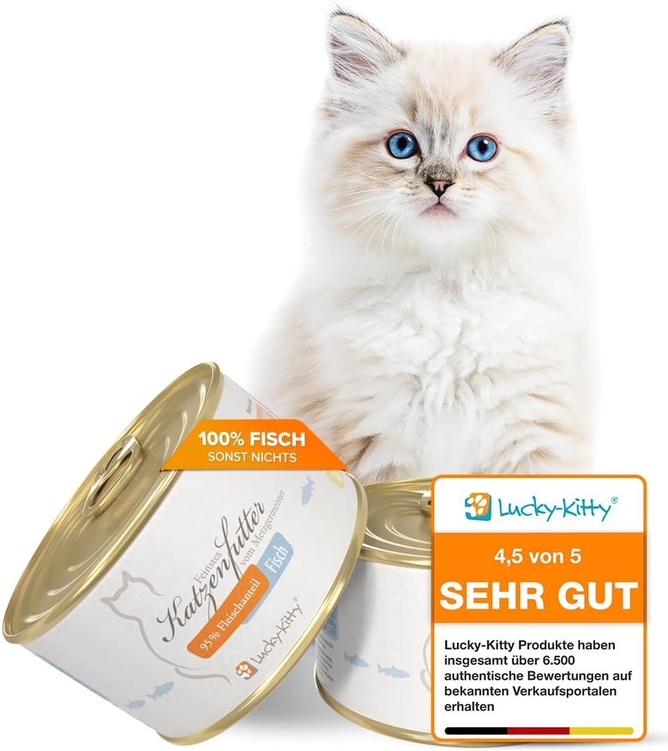 Lucky-Kitty Katzenfutter Fisch, fangfrischer Hering, Nassfutter für: Katzen, 95% Fischanteil, ohne Getreide, Zucker oder Füllstoffe