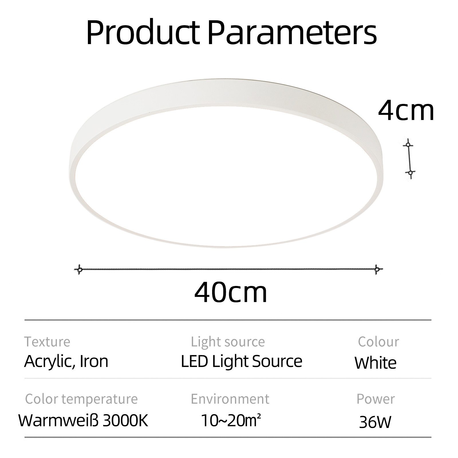 style home LED Deckenleuchte Modern Deckenlampe für Wohnzimmer Schlafzimmer, 36W-Warmweiß 3000K, LED fest integriert, Warmweiß 3000K ohne Fernbedienung, Runde Flach Lampe aus Metall, Ø40*4cm,Weiß