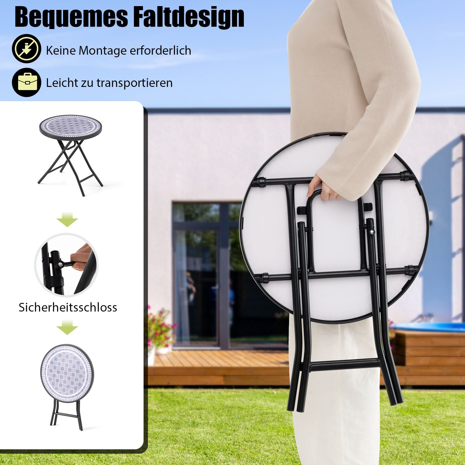 KOMFOTTEU Gartentisch, Beistelltisch klappbar aus Metall, rund