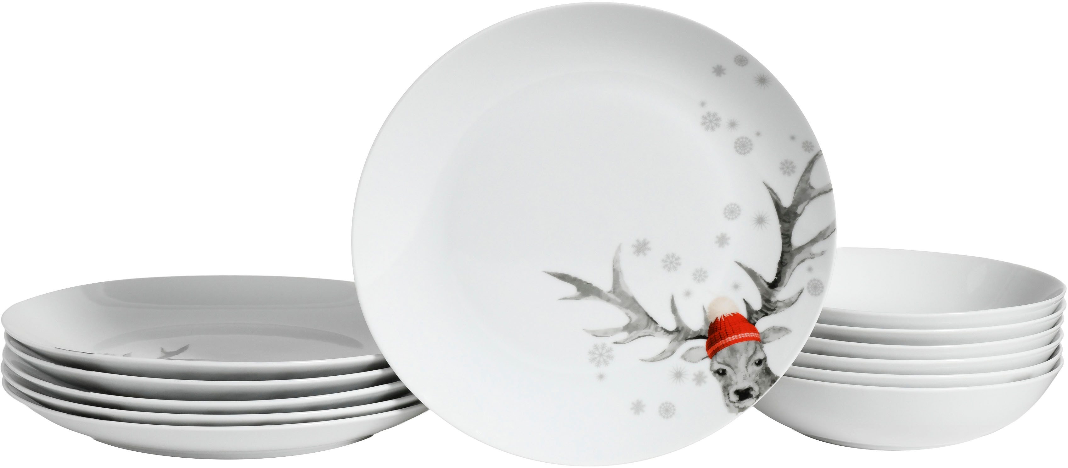 CreaTable Столовый сервиз Luna Hirsch (12-tlg), 6 Personen, Porzellan, winterliches Hirsch-Motiv