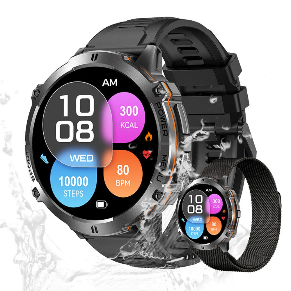 Zevelora Herren's Telefonfunktion 3 ATM Wasserdicht Fitness-Tracker Smartwatch (1.73 Zoll, Andriod /iOS), Luxuriöse Fitnessuhr mit Gesundheitsfunktionen & über 100 Sportmodi