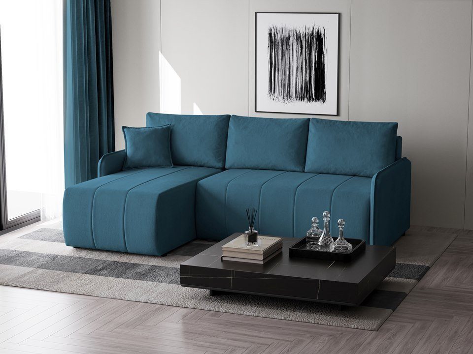 Beautysofa Ecksofa CAPRI modernes Sofa mit Schlaffunktion und Bettkasten, stilvolles Wohnzimmer-Ecksofa, Liegefläche 130×204 cm, universelle Ottomane