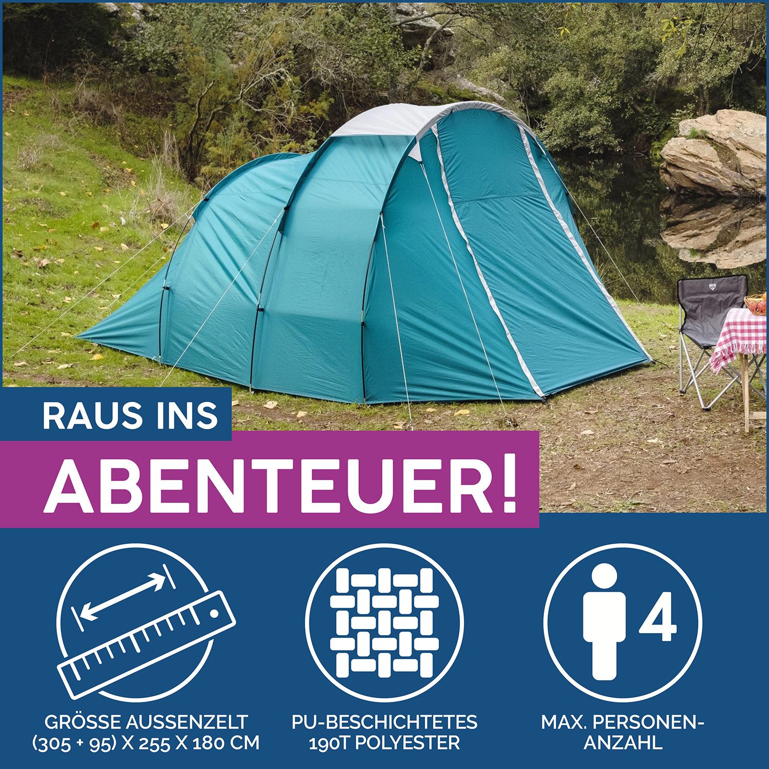 Bestway Tunnelzelt Family Dome 4, Personen: 4 (Packung, 1 tlg., 400 x 255 x 180 cm), Inkl. Insektennetz, Innentaschen und Tragetasche