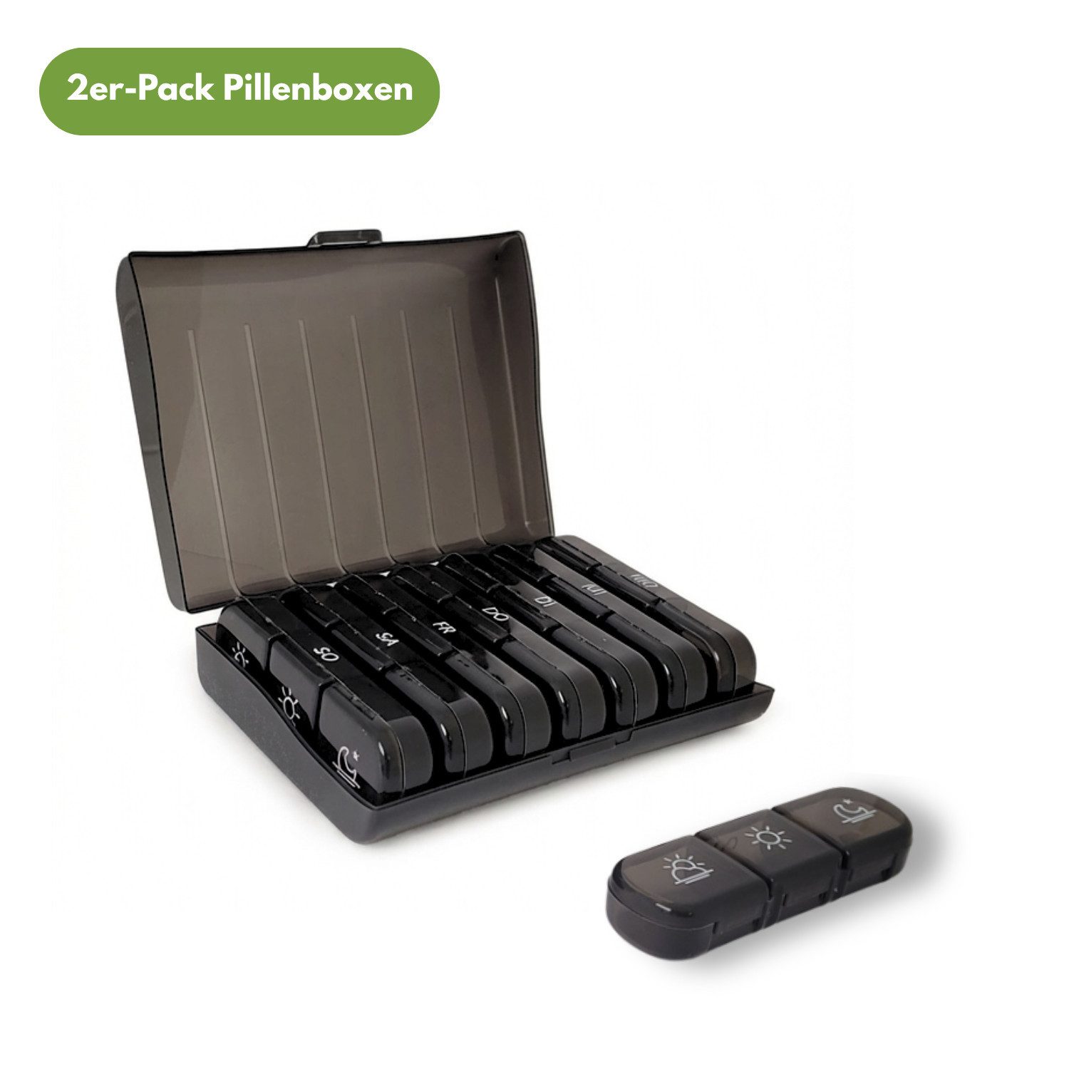 Frohbach Pillendose 7 Tage Tablettenbox - Für 1 Woche, 3 Fächer pro Tag, Schwarz (2 St)