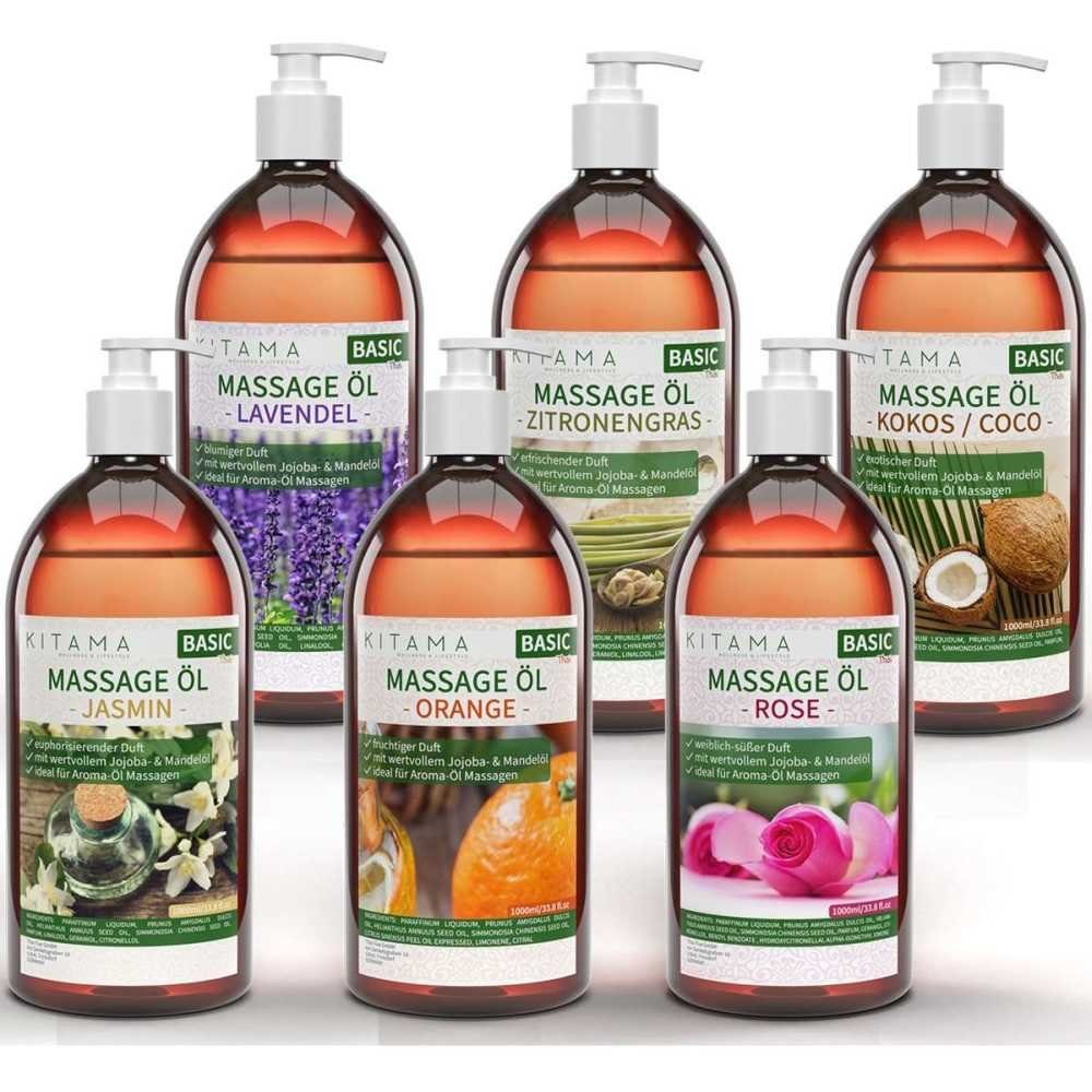 Kitama Massageöl mit Aroma Set, 6 Düfte: Jasmin Rose Orange Lavendel Kokos Zitronengras 6 x 1000ml