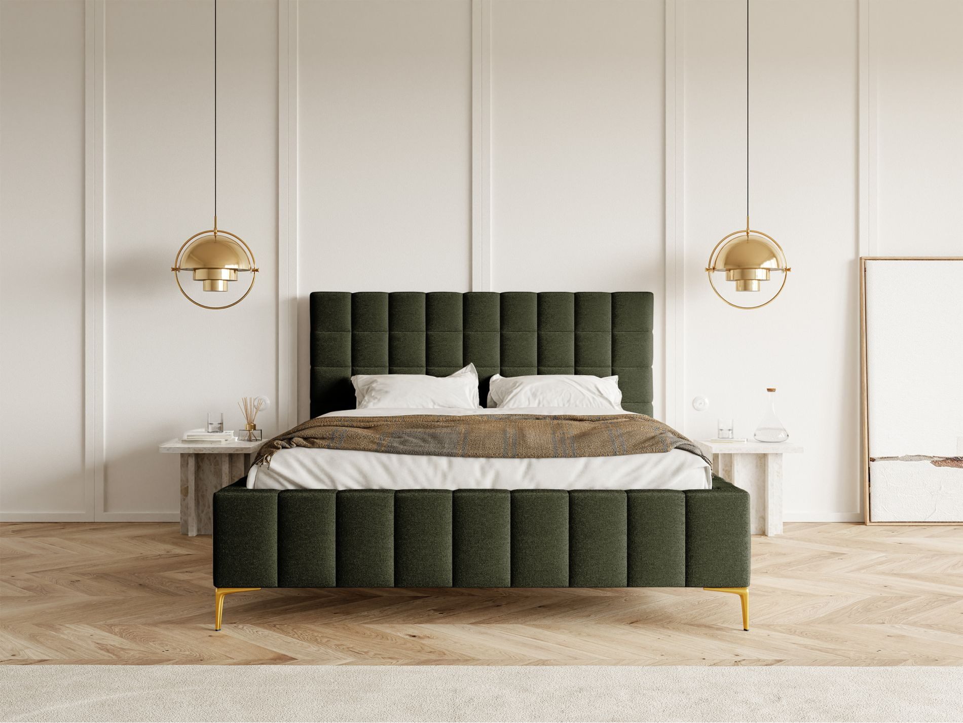 Selsey Polsterbett SZEJLO, mit Chenille-Bezug, Bettkasten, Lattenrost und goldfarbenen Beinen