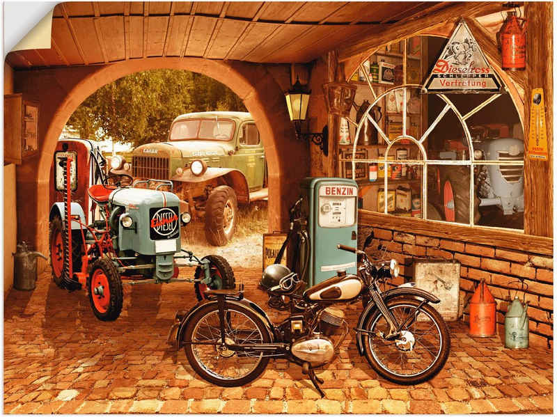 Artland Wandbild Werkstatt mit Traktor und Motorrad, Traktoren (1 St), als Alubild, Outdoorbild, Leinwandbild, Wandaufkleber, versch. Größen