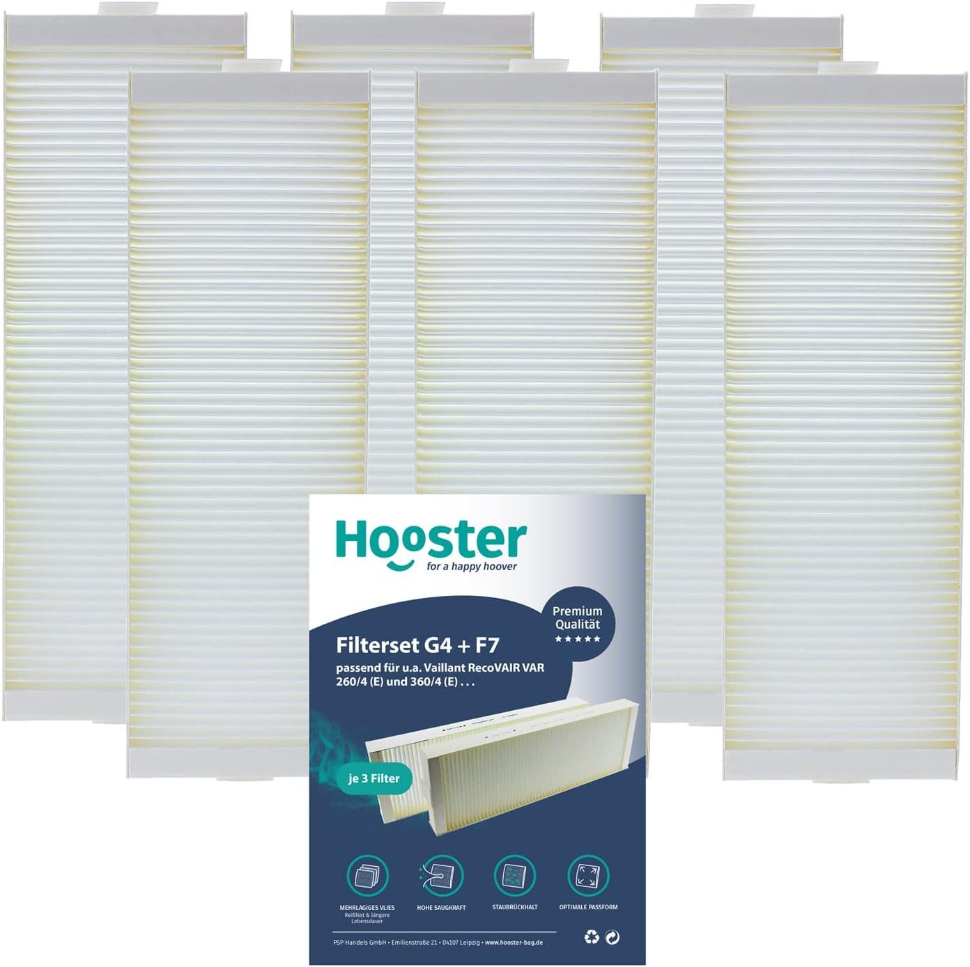 Hooster Luftfilter für Vaillant RecoVAIR VAR 260/4 (E) und 360/4 (E), 3 Filtersets = G4 (3 Stück) + F7 (3 Stück)