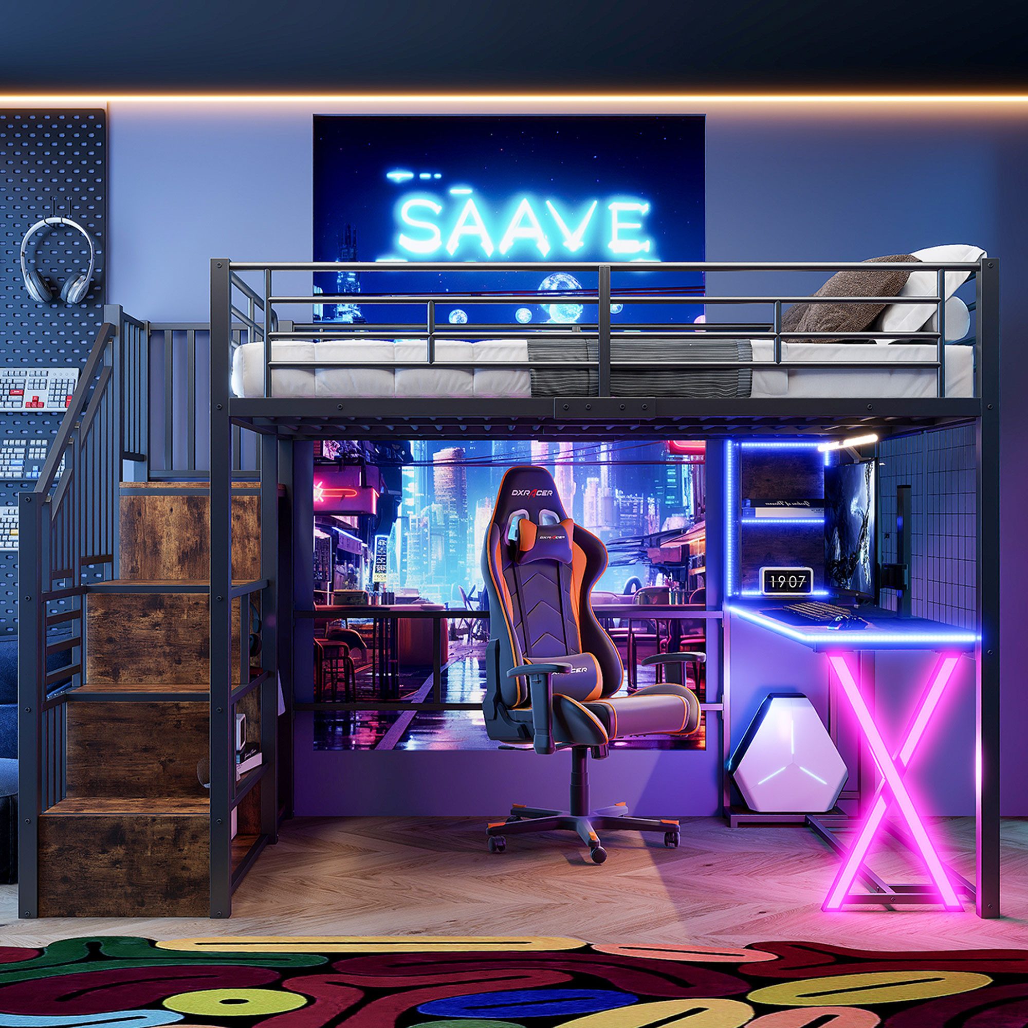 Flieks Hochbett LED Metallbett 140x200 mit Schreibtisch Kleiderschrank Stau günstig online kaufen