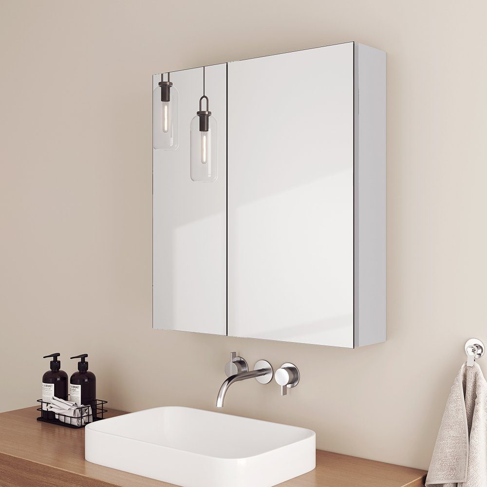 EMKE Spiegelschrank 60X65cm Badezimmer Spiegelschrank Verstellbare Trennwand Badschrank mit Doppelseitigem Spiegel weiß | Spiegelschränke