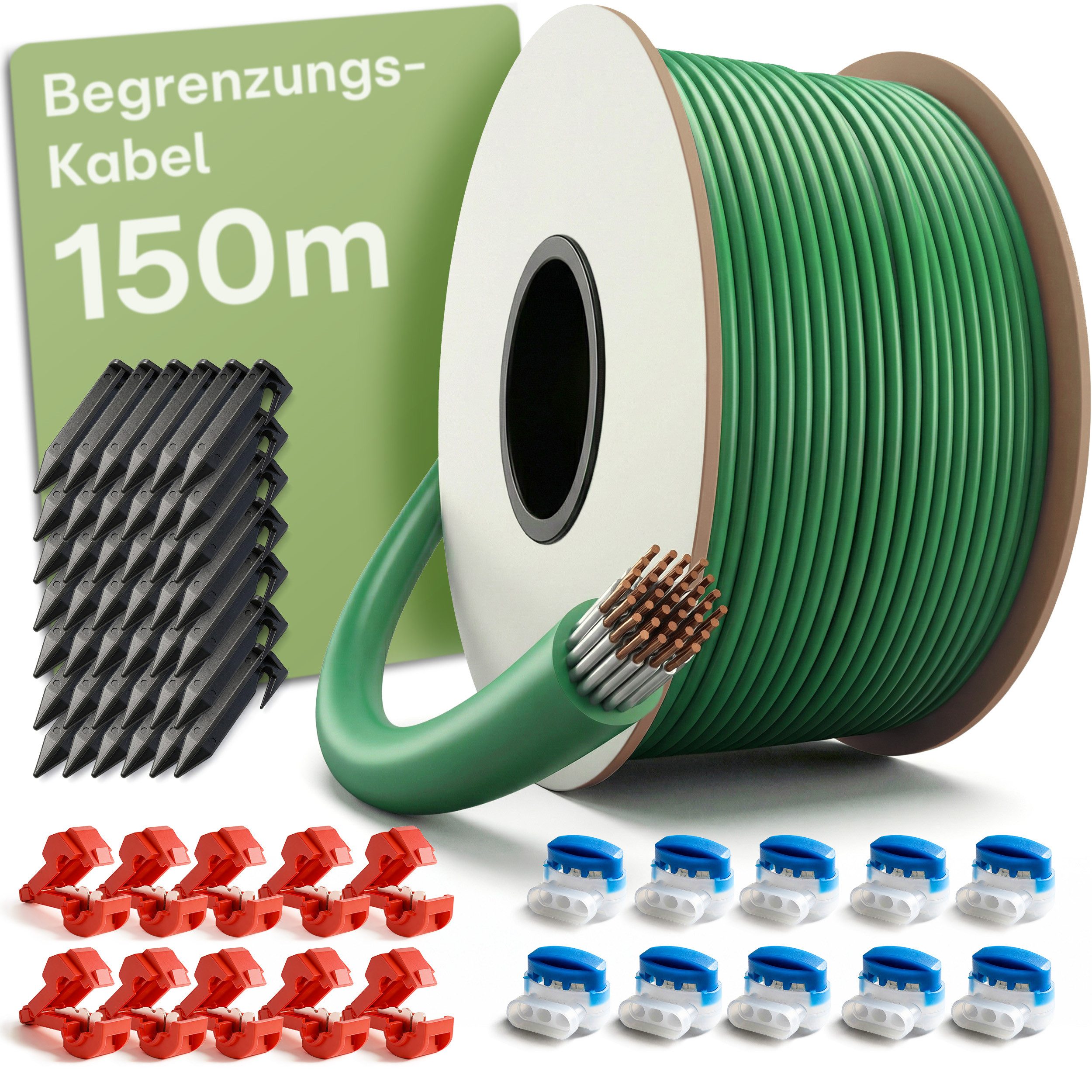 Praknu Rasenmähroboter Begrenzungskabel Mähroboter Set – Draht Erdnägel Verbinder Universal, (Komplettset, 150 m Draht, 150 Erdnägel, 10 blaue Gel- und 10 rote Standardverbinder), Universal kompatibel, witterungsbeständig, verzinnte Litze, Erdnägel