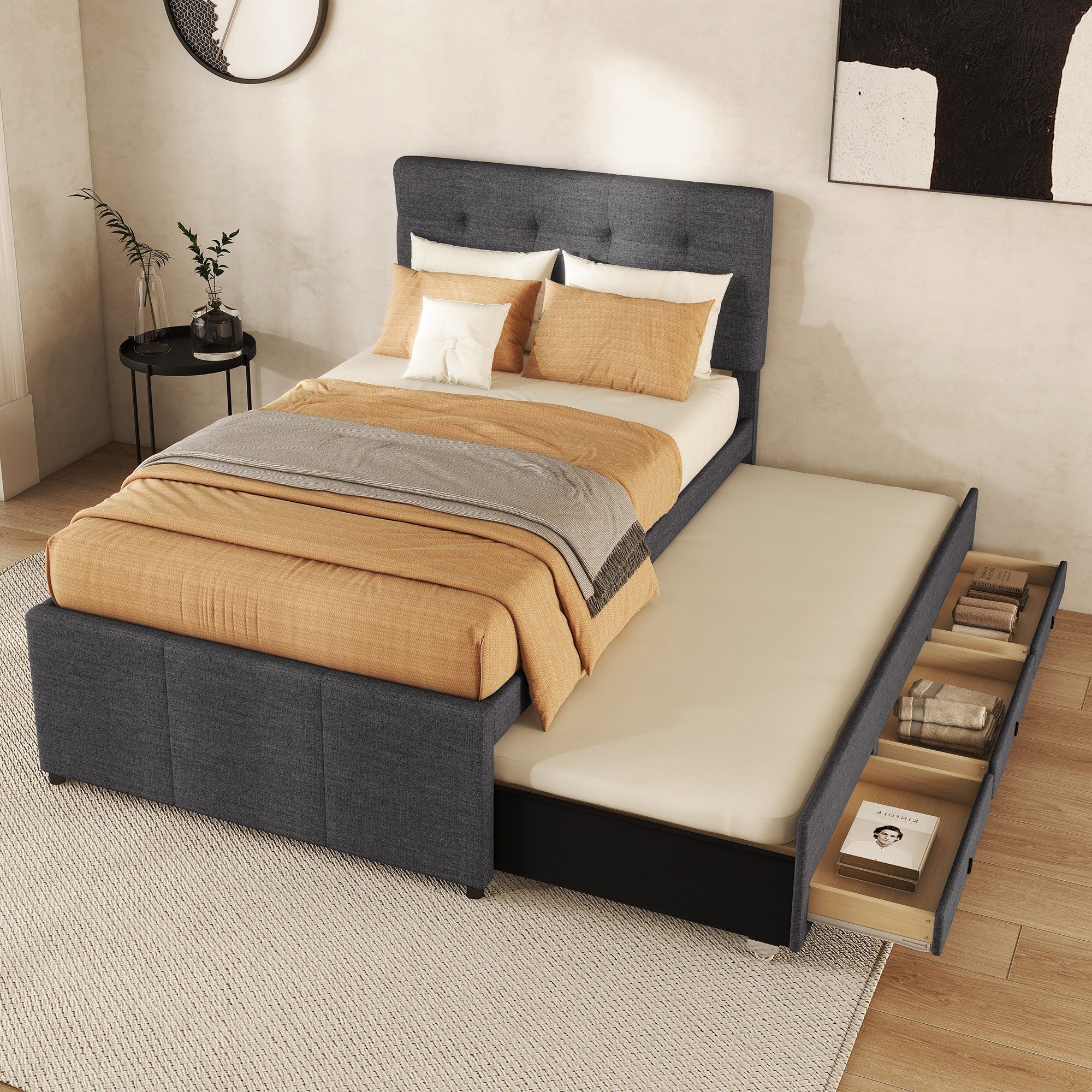 BlingBin Polsterbett Funktionsbett Jugendbett (1-tlg., mit drei Schubladen, Ausziehbares Rollbett, Verstellbares Kopfteil), 90x200cm(90x190cm),Ohne Matratze