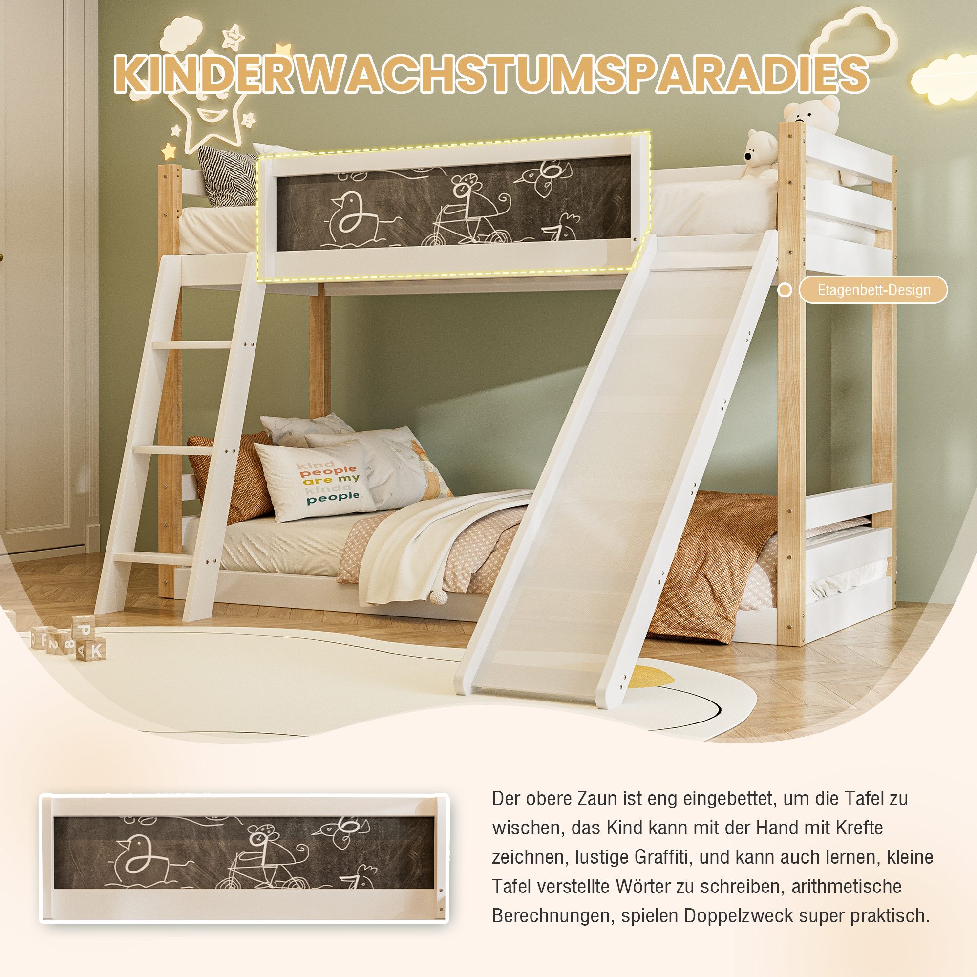Odikalo Etagenbett Kinderbett Doppelbett Treppe Rutschen Kinderkreißbrett weiß(200x90cm) – Bild 5 von 5