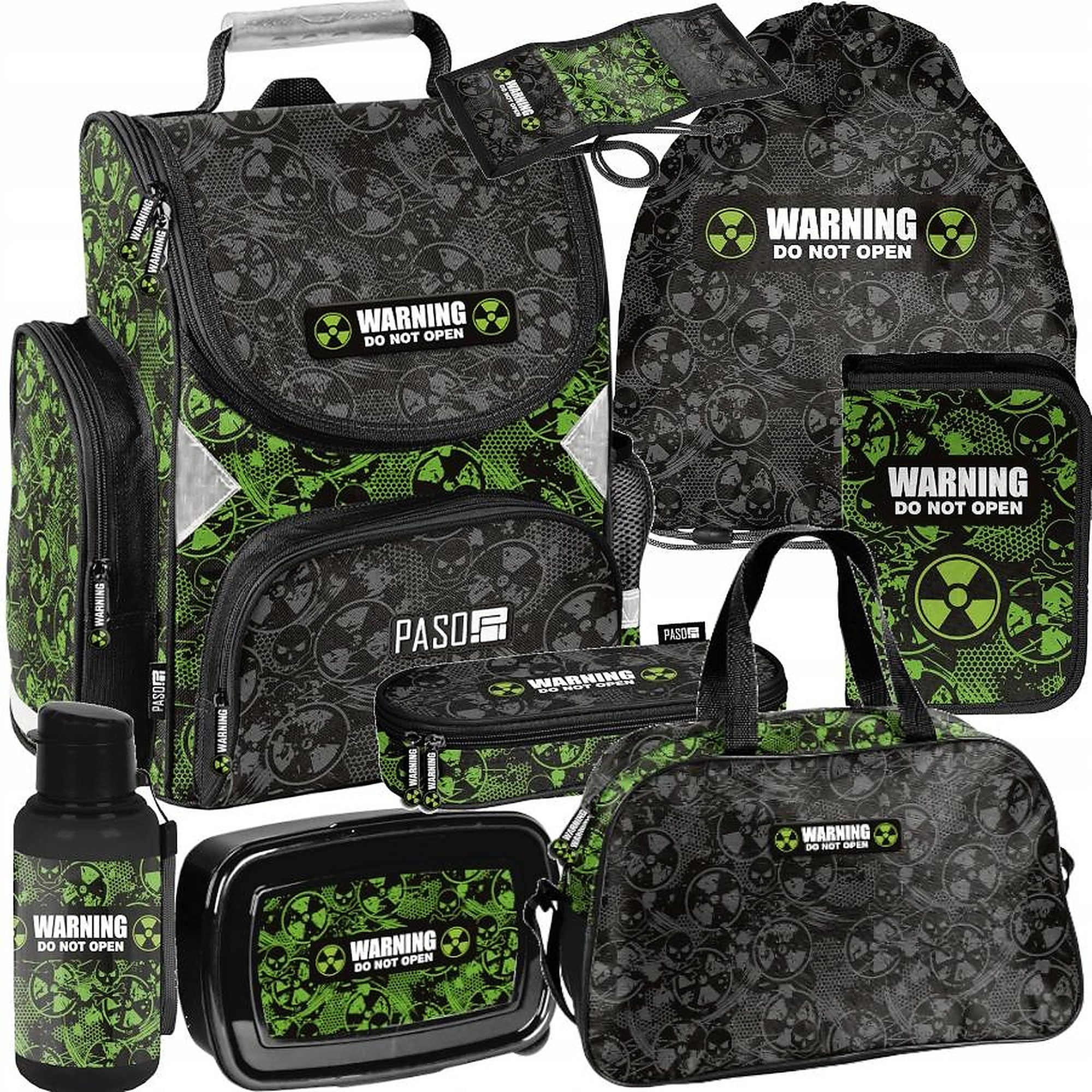 PASO Schulrucksack (Schulset, 8-tlg), Warning, 8-tlg. Set, Schwarz