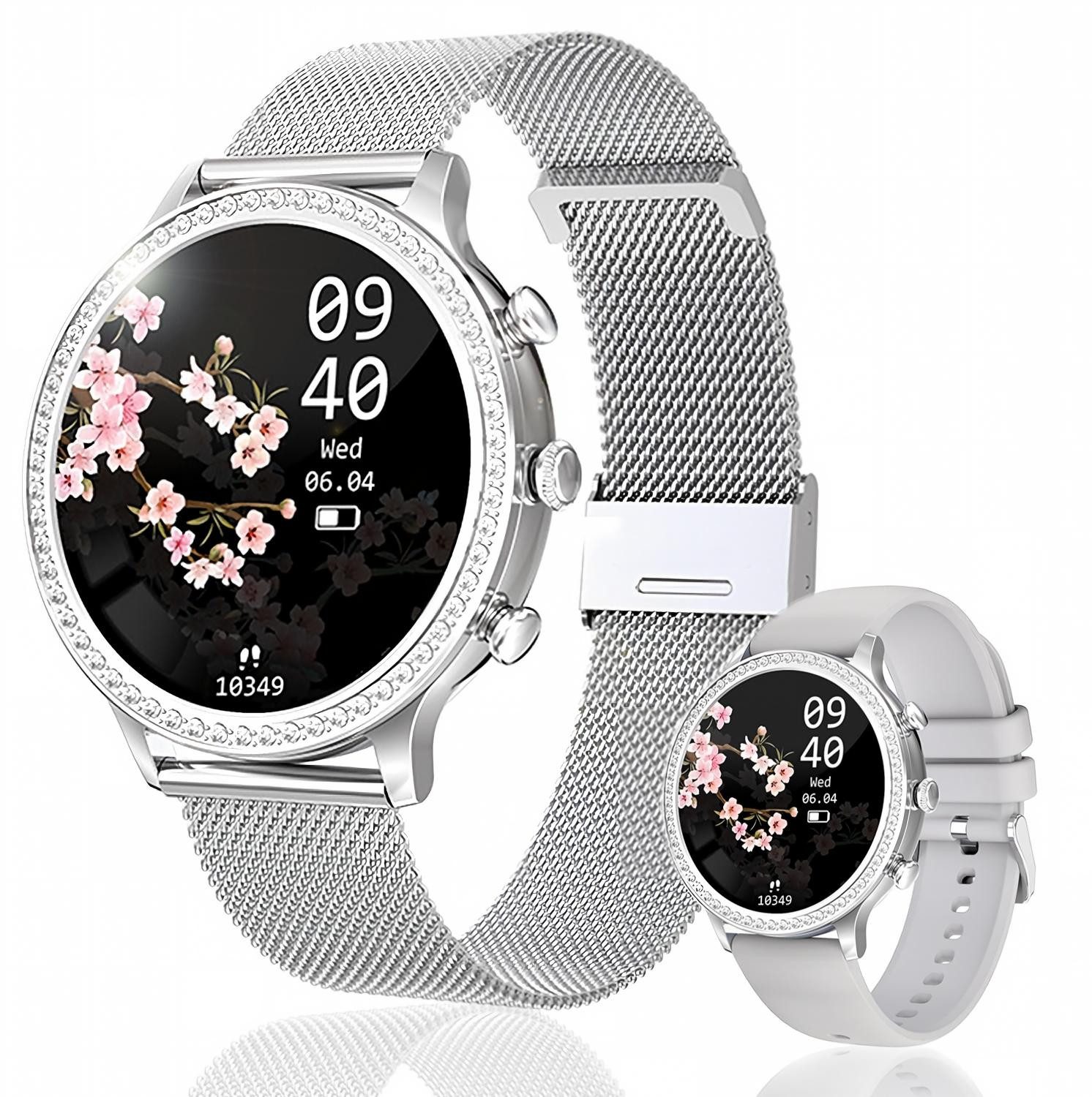 AIBISTAR Smartwatch Damen mit Telefonfunktion,  HD Voll Touchscreen Wasserdicht Smartwatch, Diamantzifferblatt, austauschbare Armbänder, 1.32 Zoll Schlafmonitor Blutdruckmessung Schrittzähler für Android/iOS