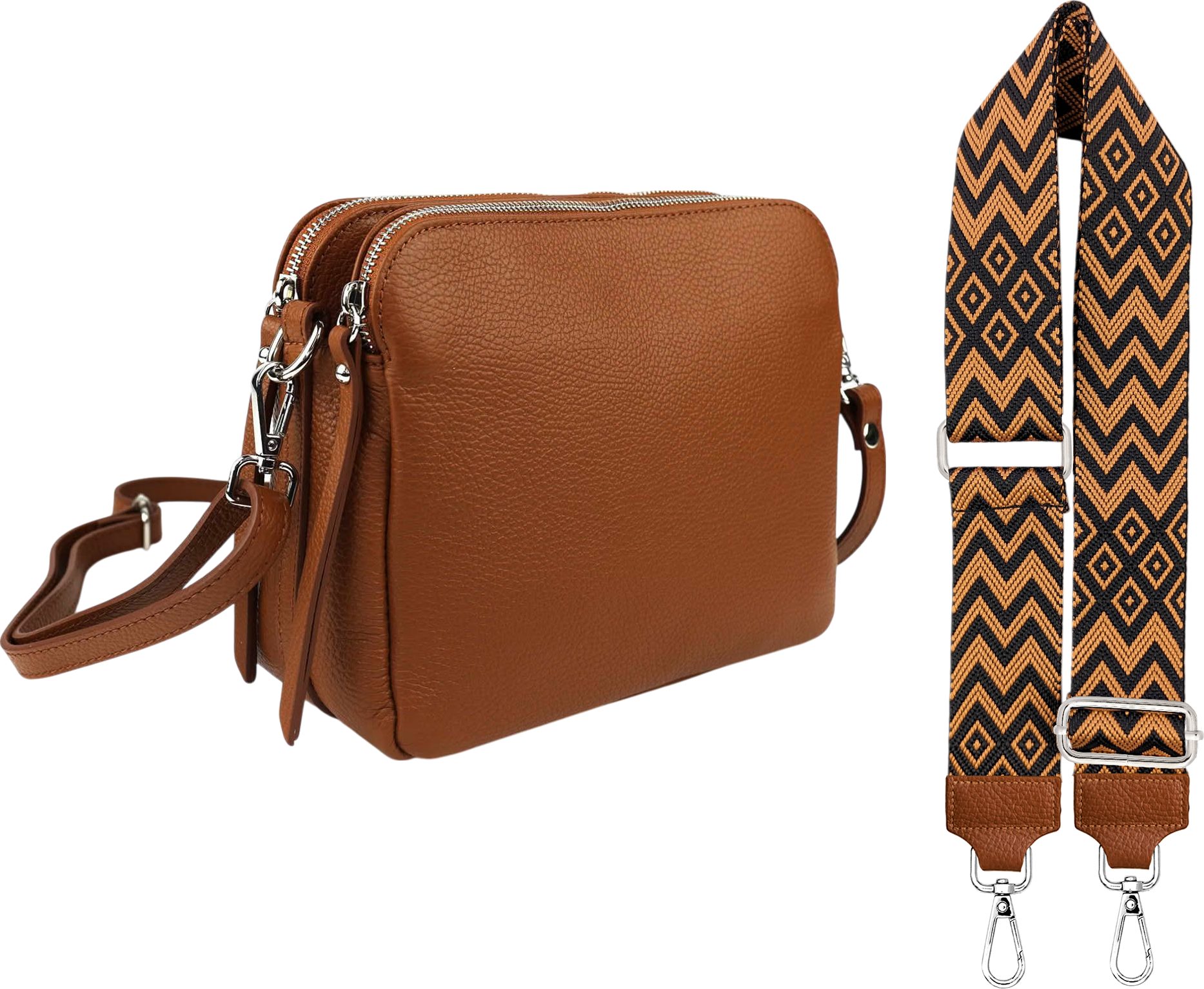 SEVA Schultertasche Umhängetasche mit 3 hauptfächer, Crossbody Tasche Damen Leder groß (verstellbaren Schulterriemen, 3Fächer, Echtleder, Erhältlich in verschiedenen Farben), verstellbare Gurte, Crossover Tasche, Tablet Tasche