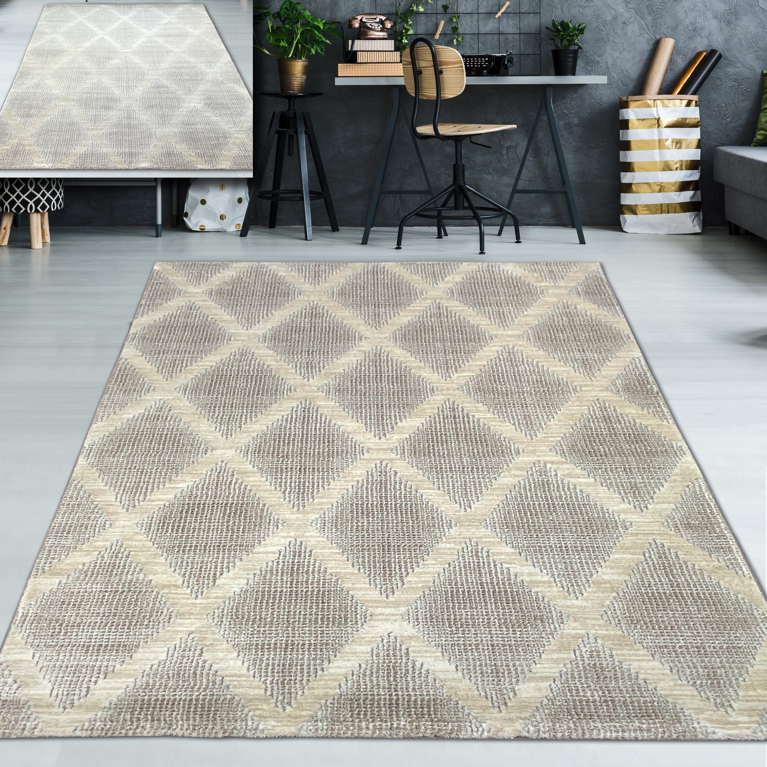 TeppichHome24 Teppich Teppich schlichtes Rautenmuster in creme, rechteckig