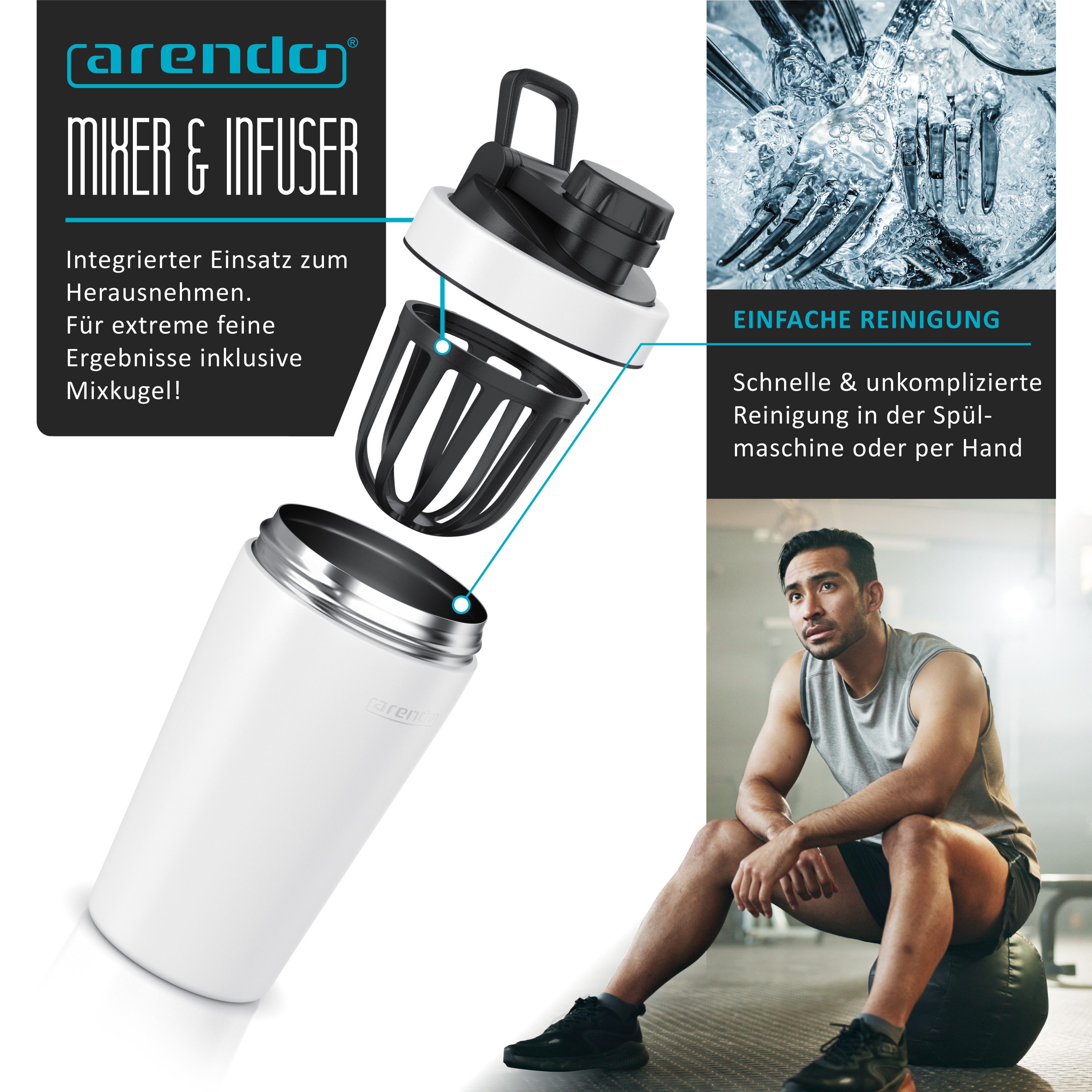 Arendo Protein Shaker Edelstahl Eiweißshaker 500 ml, verschließbar, bruchfest, BPA-frei, Edelstahl, (1-tlg), auslaufsicher, spülmaschinengeeignet, mit Tragegrif – Bild 5 von 5