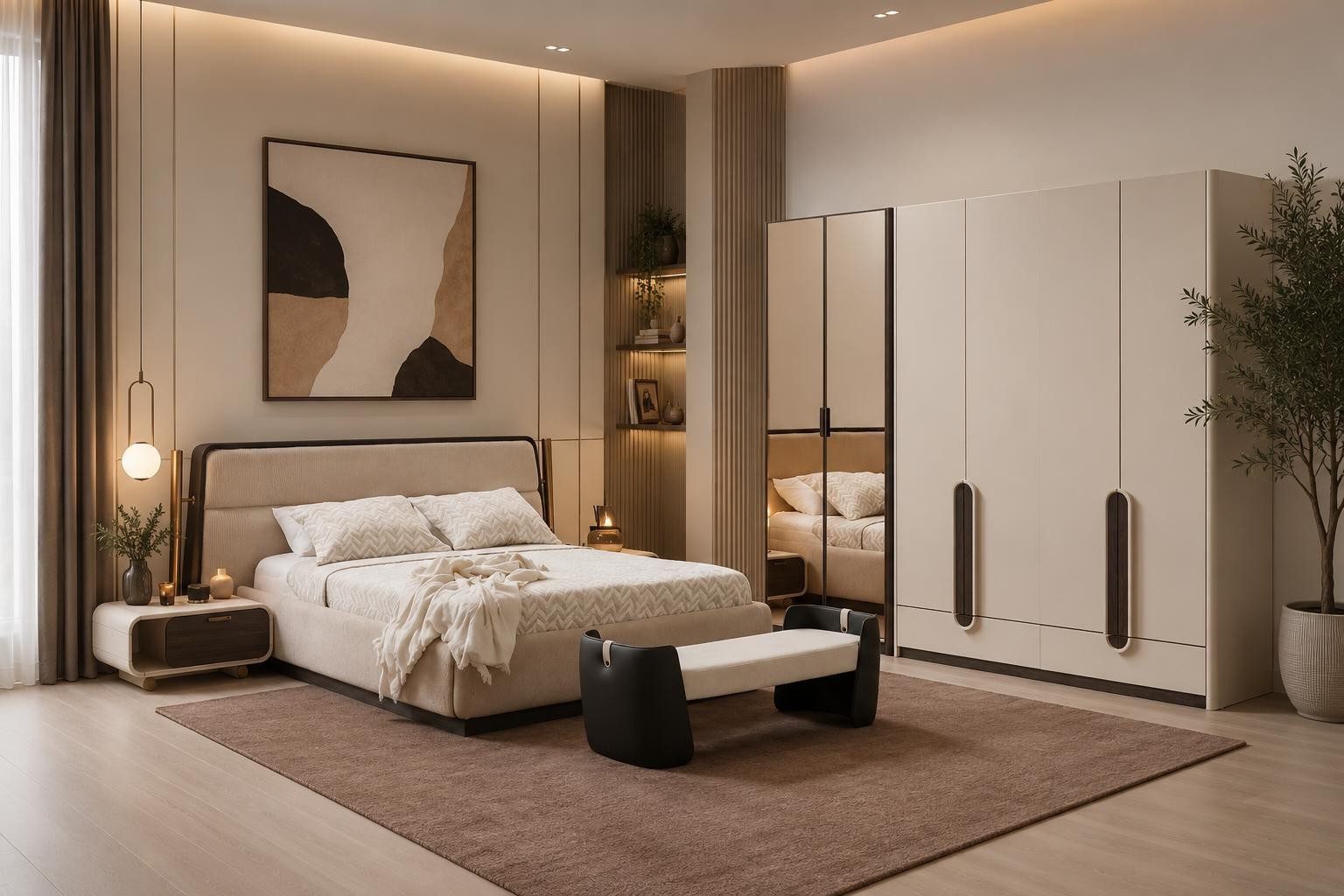Xlmoebel Schlafzimmer-Set Schlafzimmer Set Bettanlage Kleiderschrank Bettbank Modern Beige Edel, (Schlafzimmer-Set, 9-tlg., 9-tlg)