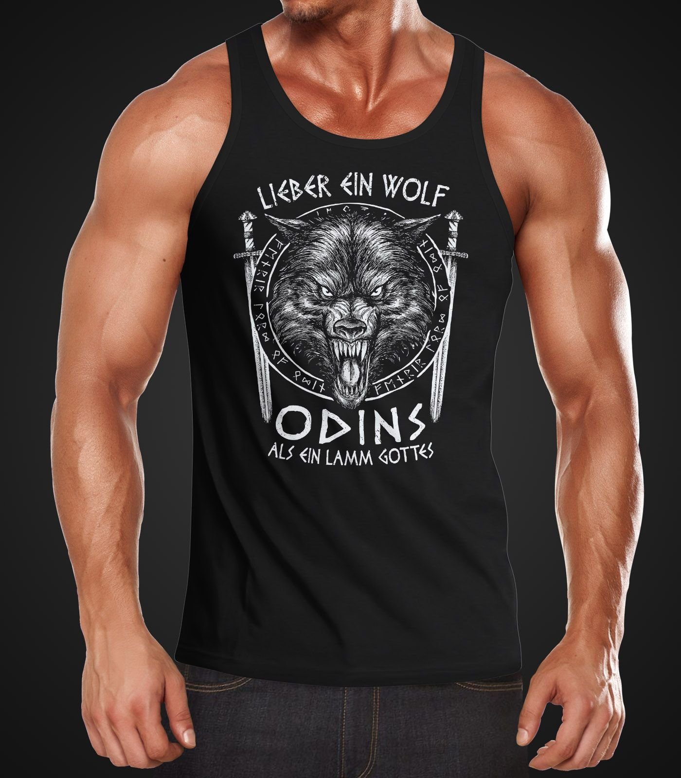 Herren Shirt Odins Muscle Wolf Print nordische Tanktop Mythologie Tank-Top mit ein Lamm als Muskelshirt Neverless® Neverless ein Lieber Wikinger Gottes