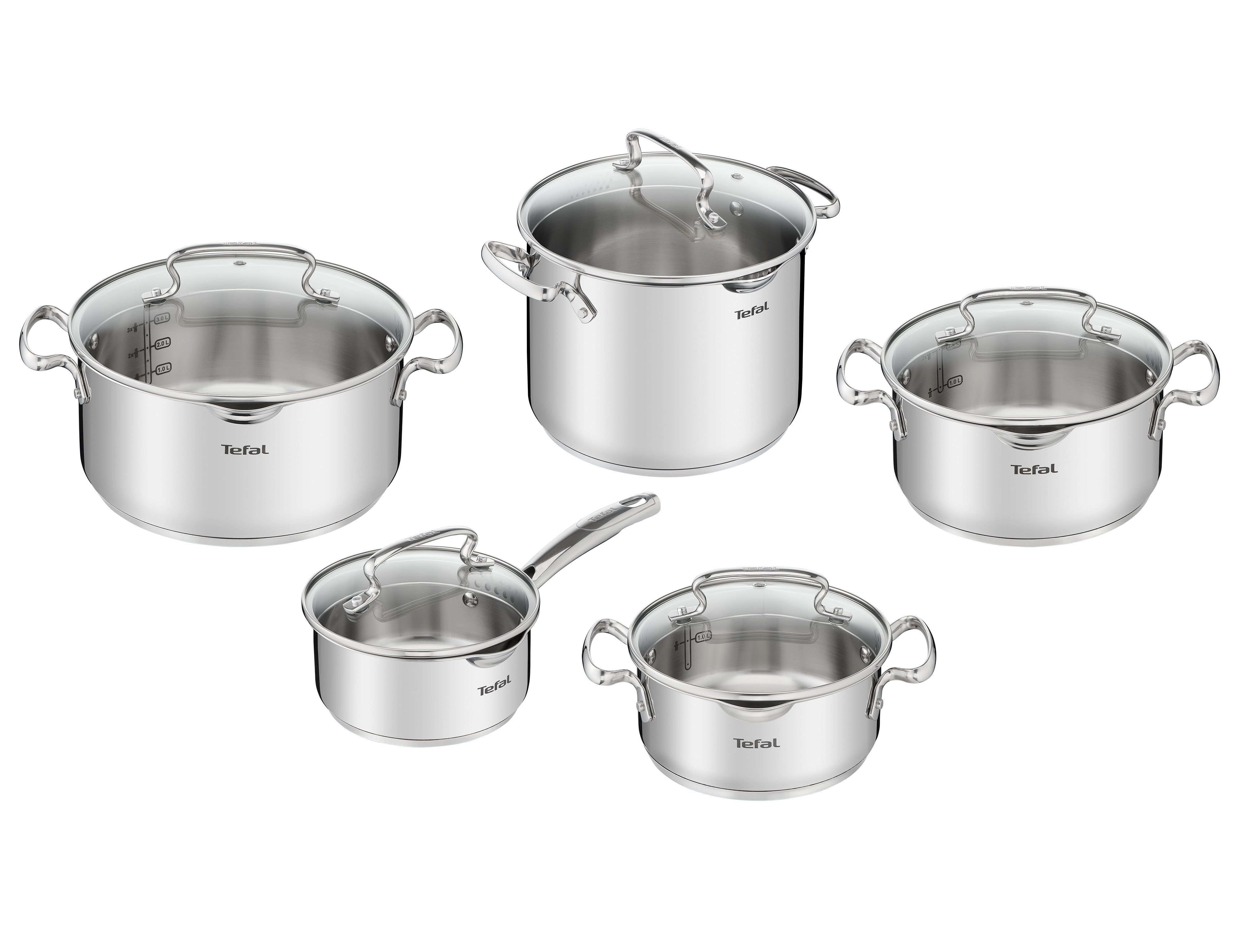 Tefal Topf-Set Duetto+, Kochtopf Set mit Glasdeckel, Edelstahl (Set, 10-tlg., Stieltopf 16 cm, Schmortöpfe 18/20/24 cm, Suppentopf 22 cm), Abgießdeckel, integrierte Messskala, induktionsgeeignet, rostfrei
