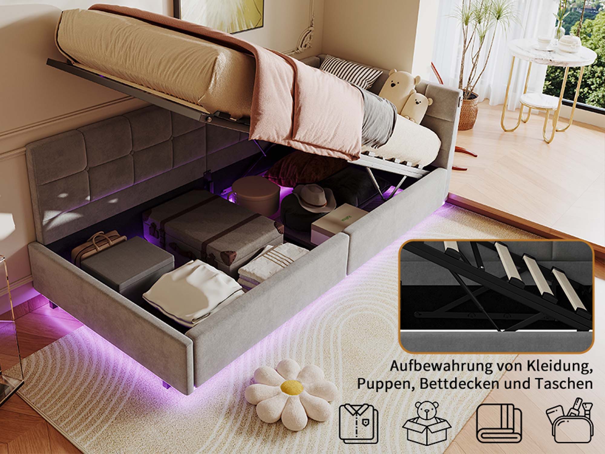 zebery Polsterbett Daybett Tagesbett LED Einzelbett 90x200cm (Hydraulisch hebbarer Stauraumbett), Jugendbett mit USB & Type-C,Samt,Grau – Bild 3 von 5