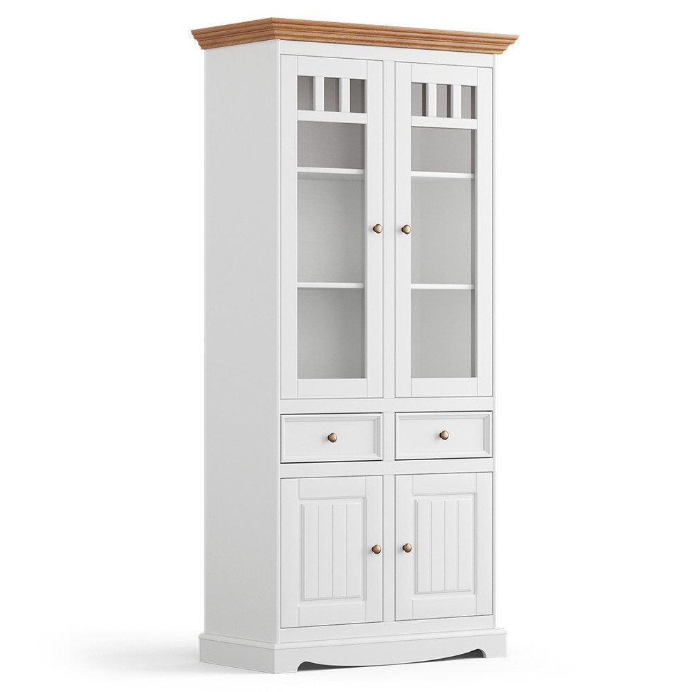 Lomadox Vitrine BORMIO-163 Massivholz, weiß mit Eiche Optik, 90 cm breit
