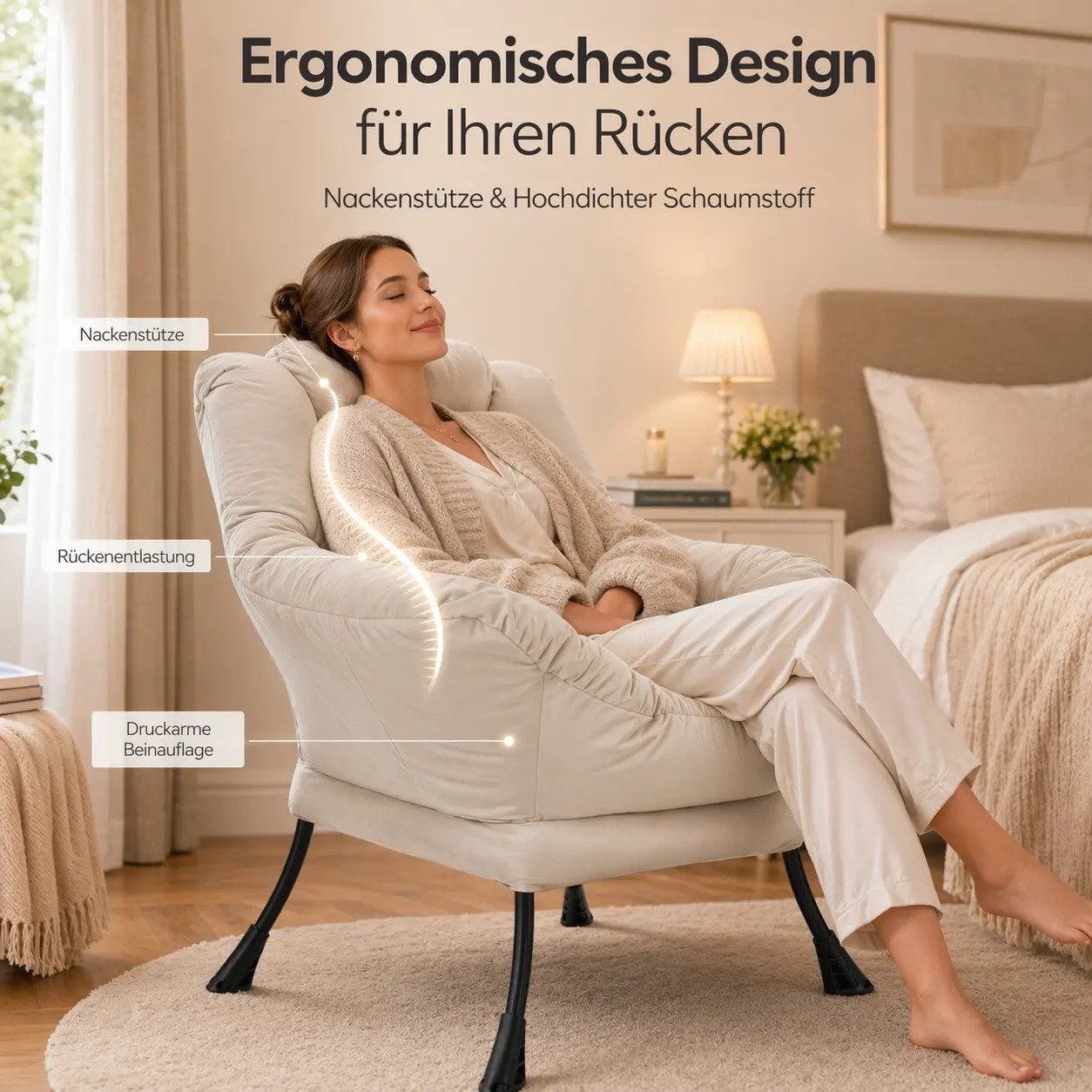 ANYSUN Loungesessel aus Samt mit Nackenstütze, wahlweise mit Fußhocker, weich gepolstert, Lesesessel mit Seitentasche für Wohnzimmer & Schlafzimmer – Bild 3 von 5