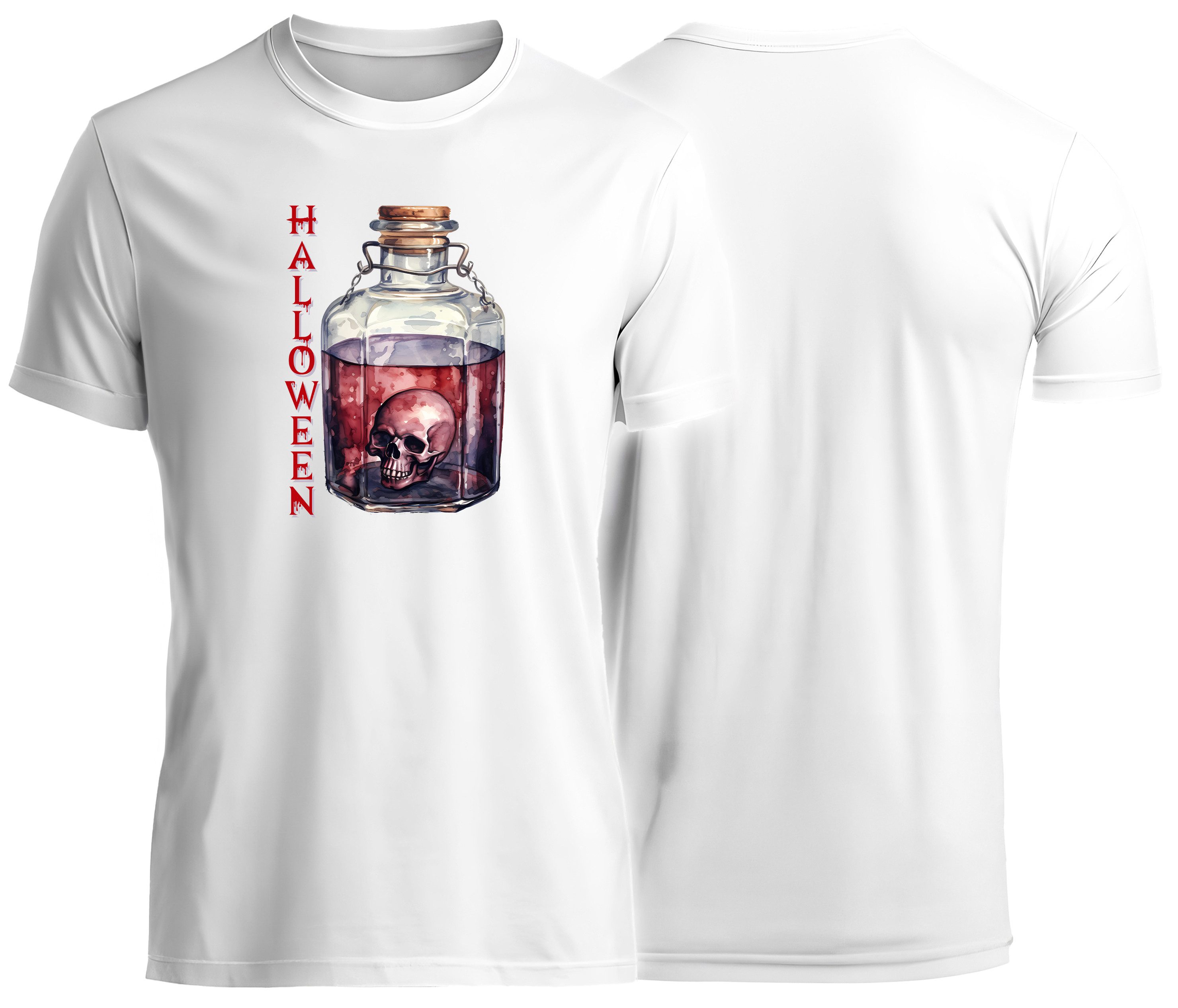 MyDesign24 T-Shirt Gothic kurzarm Shirt - Giftflasche mit Schädel Halloween T-Shirt weiss Regular Fit Gr.M i428