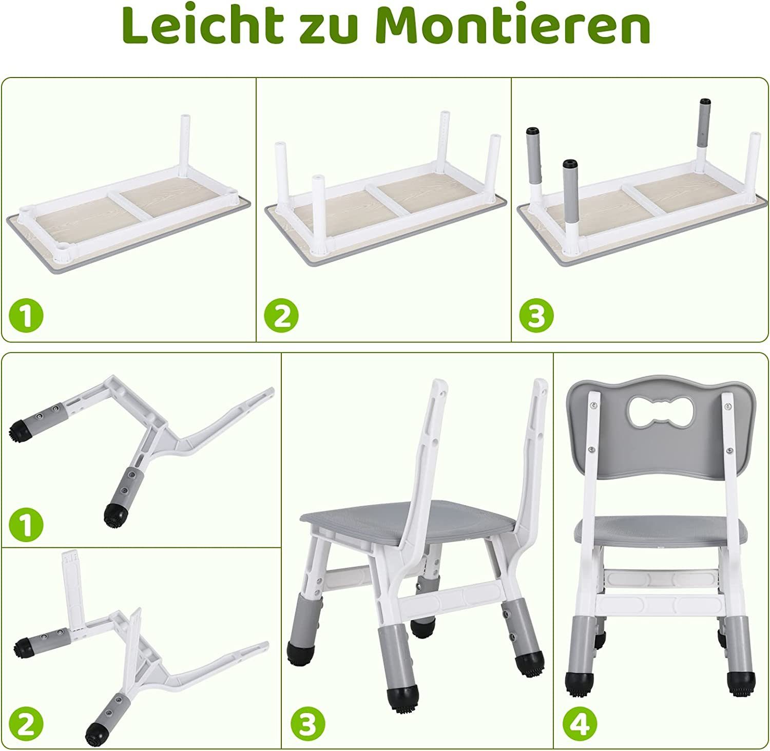 TLGREEN Höhenverstellbar Grau Stühlen, Set Kindersitzgruppe Stuhl Kindertisch 4 mit Tisch