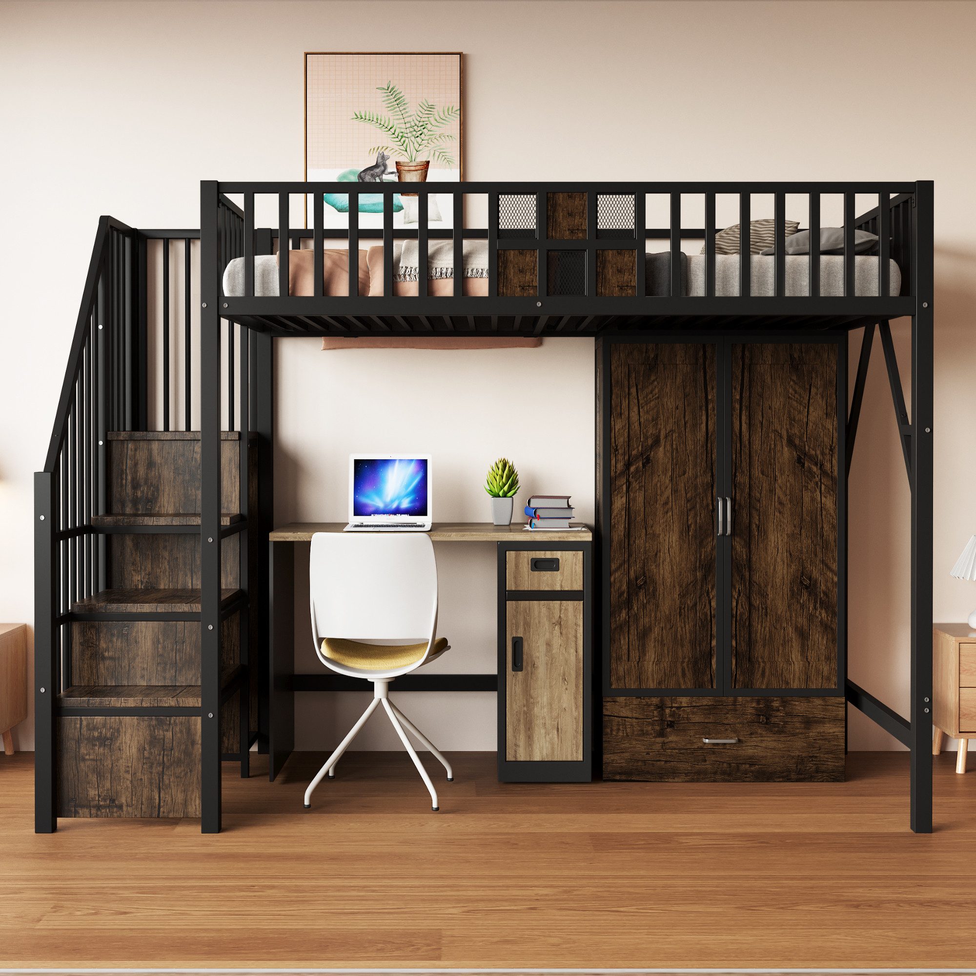 Odikalo Hochbett 90x200 140x200 Jugendbett Kinderbett Metallbett mit Kleiderschrank (Metall-Hochbett 90x200 / 140×200 cm Mit Markantem Geländerdesign Aus Holz und Metallgitter, Komplett Mit Großem Kleiderschrank, Schubladen und Aufbewahrungsleiter, Schwarz)