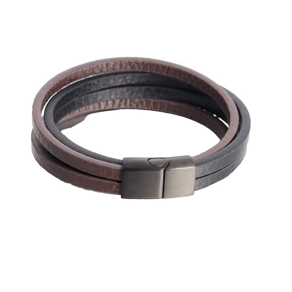 Karisma Schmuck Lederarmband Herren Edelstahl mit 4 Lederstreifen Braun/Schwarz Magnet Verschluss, 21cm LBS215 Männerschmuck