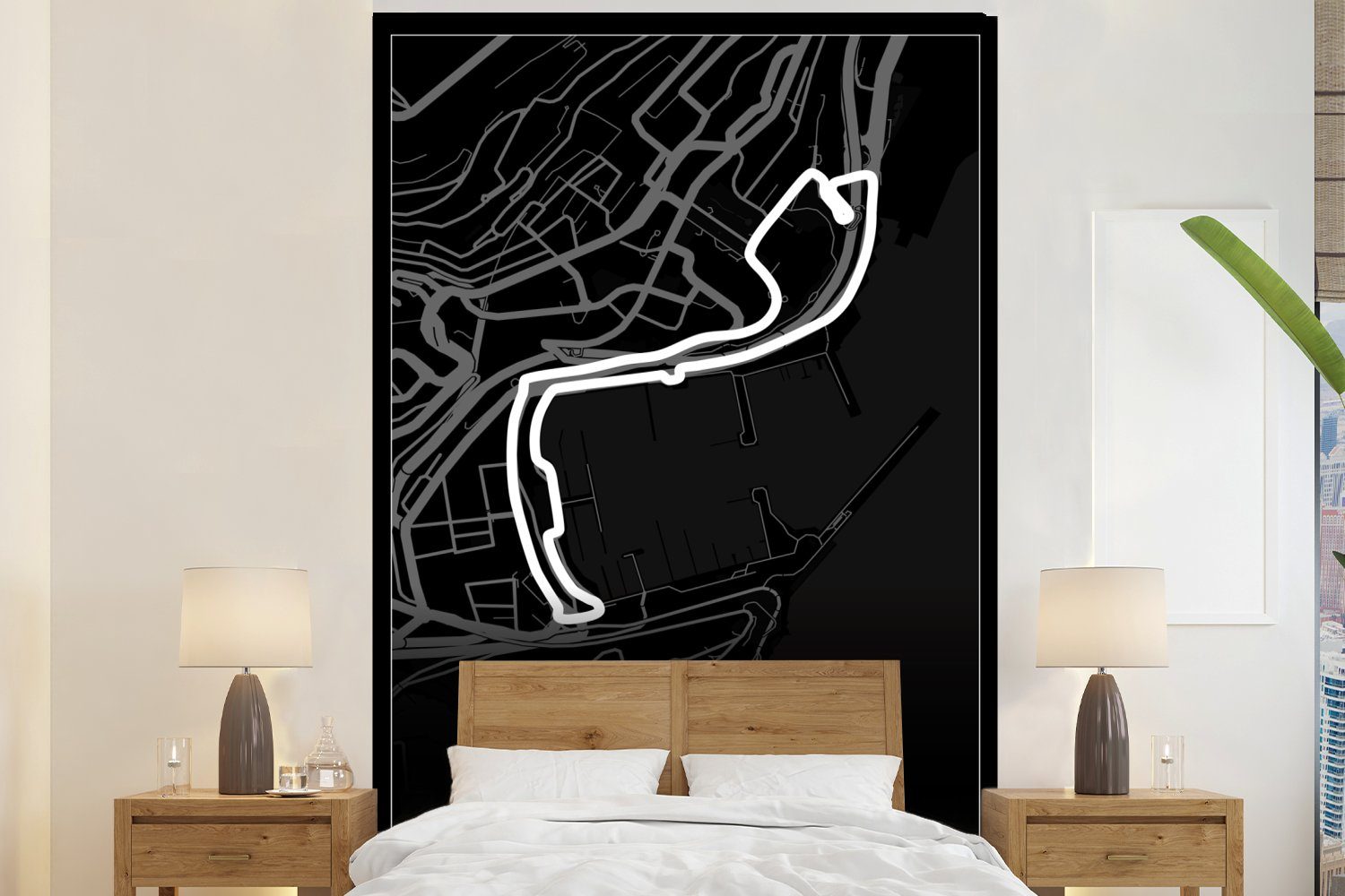 MuchoWow Fototapete Monaco - Formel 1 - Circuit de Monaco - Rennstrecke - Schwarz, Matt, bedruckt, (3 St), Montagefertig Vinyl Tapete für Wohnzimmer, Wandtapete