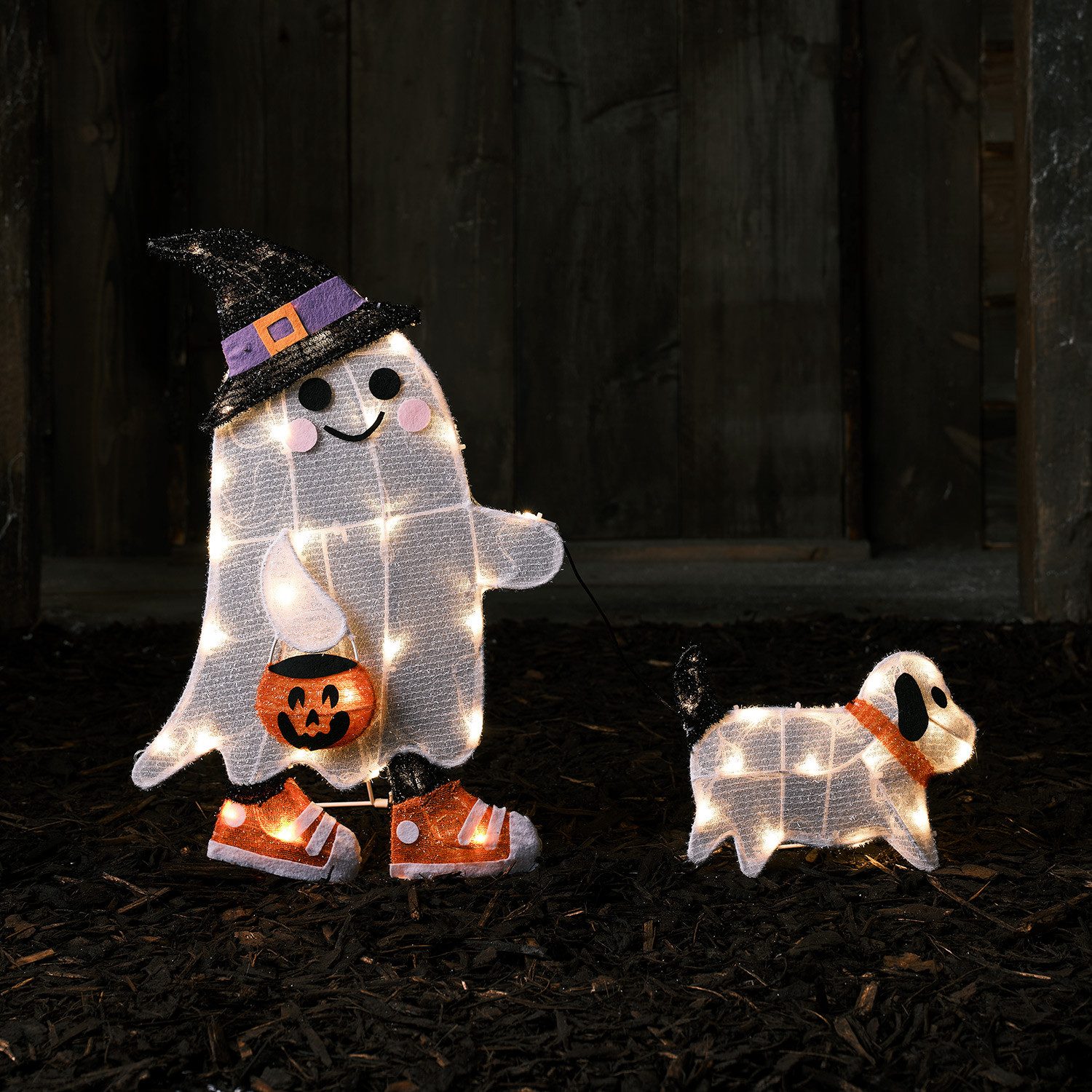 Lights4fun LED Dekofigur 2D LED Figur Gustav gassigehender Geist mit Hund