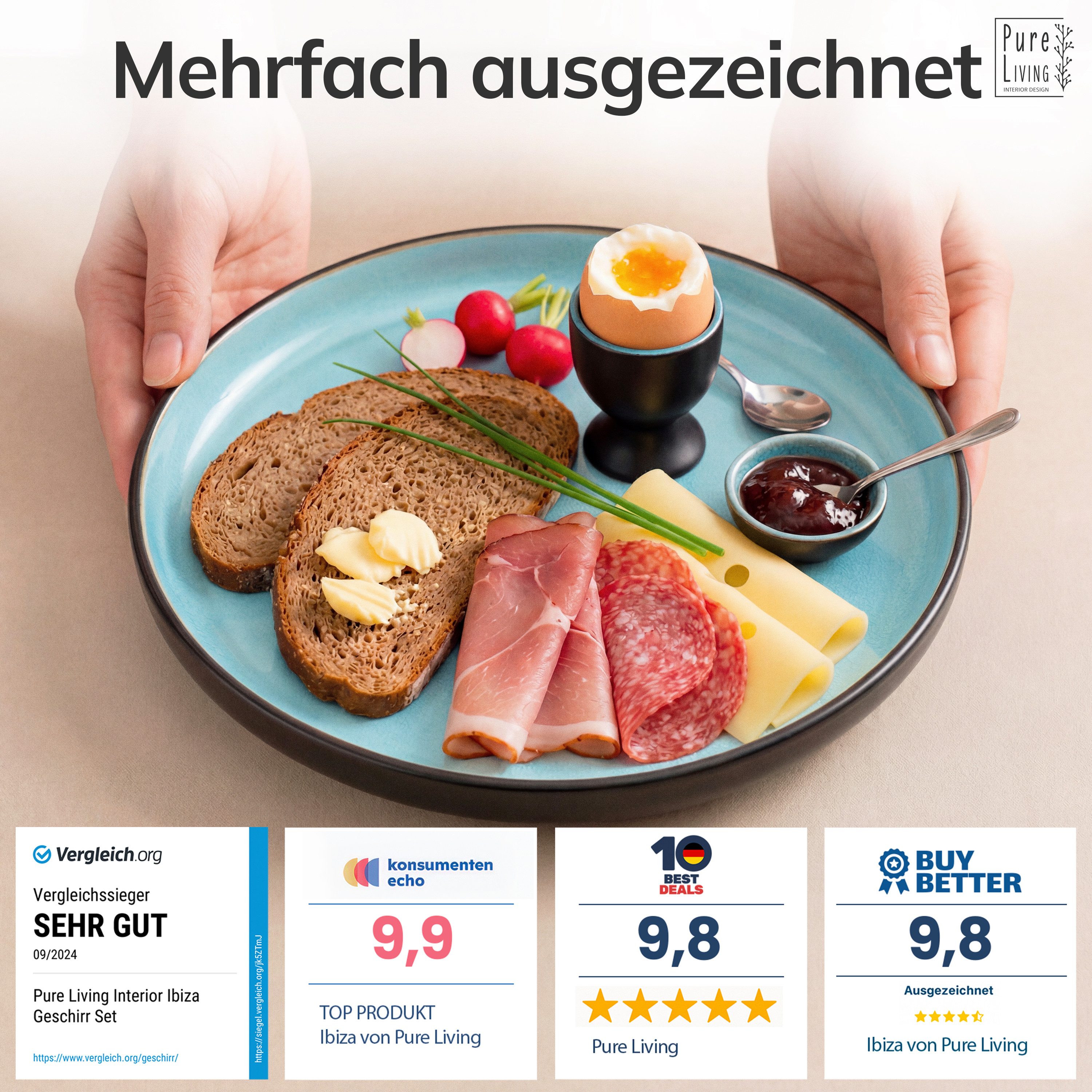 PURE LIVING INTERIOR DESIGN Geschirr-Set Ibiza Dessertteller, Frühstückteller, 6er-Set, 20 cm, Aquamarin, 6 Personen, Steingut, Mediterrane Handwerksoptik, Reaktive Glasur – jedes Stück einzigartig…