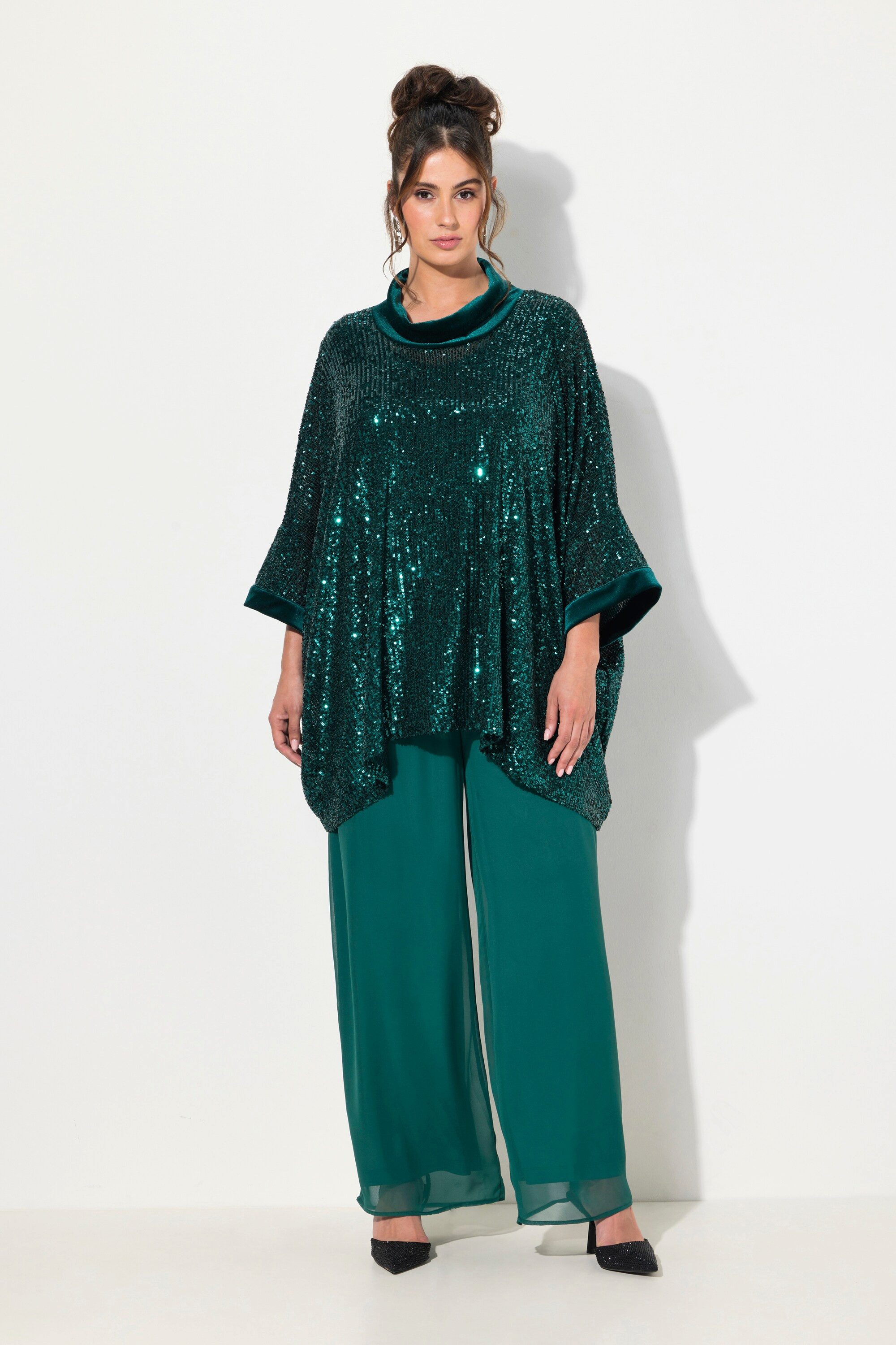 Ulla Popken T-Shirt Pailletten-Shirt Oversized Samt-Rollkragen günstig online kaufen