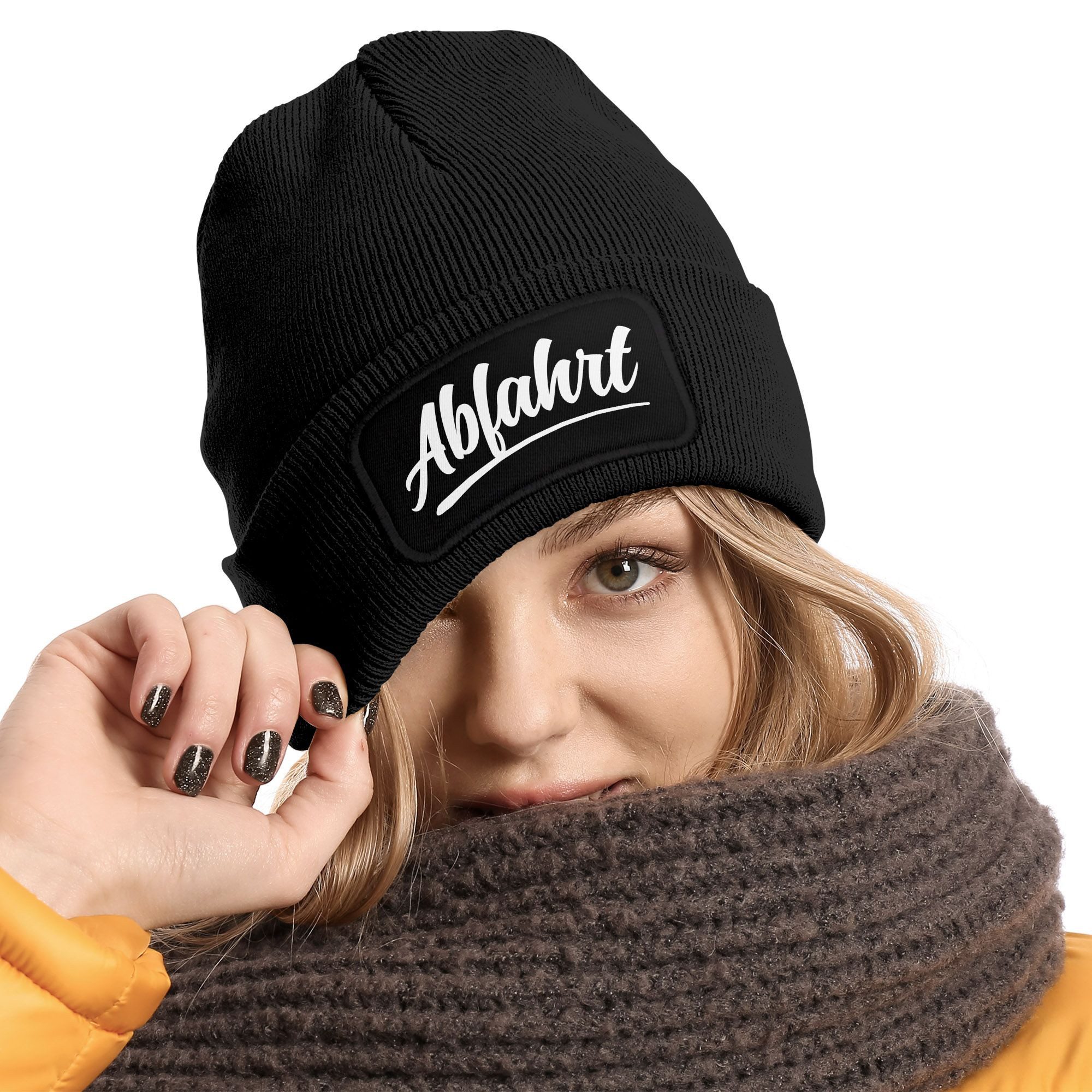 MoonWorks Strickmütze Damen Beanie mit Patch Skifahren Strickmütze mit Spruch Aufdruck