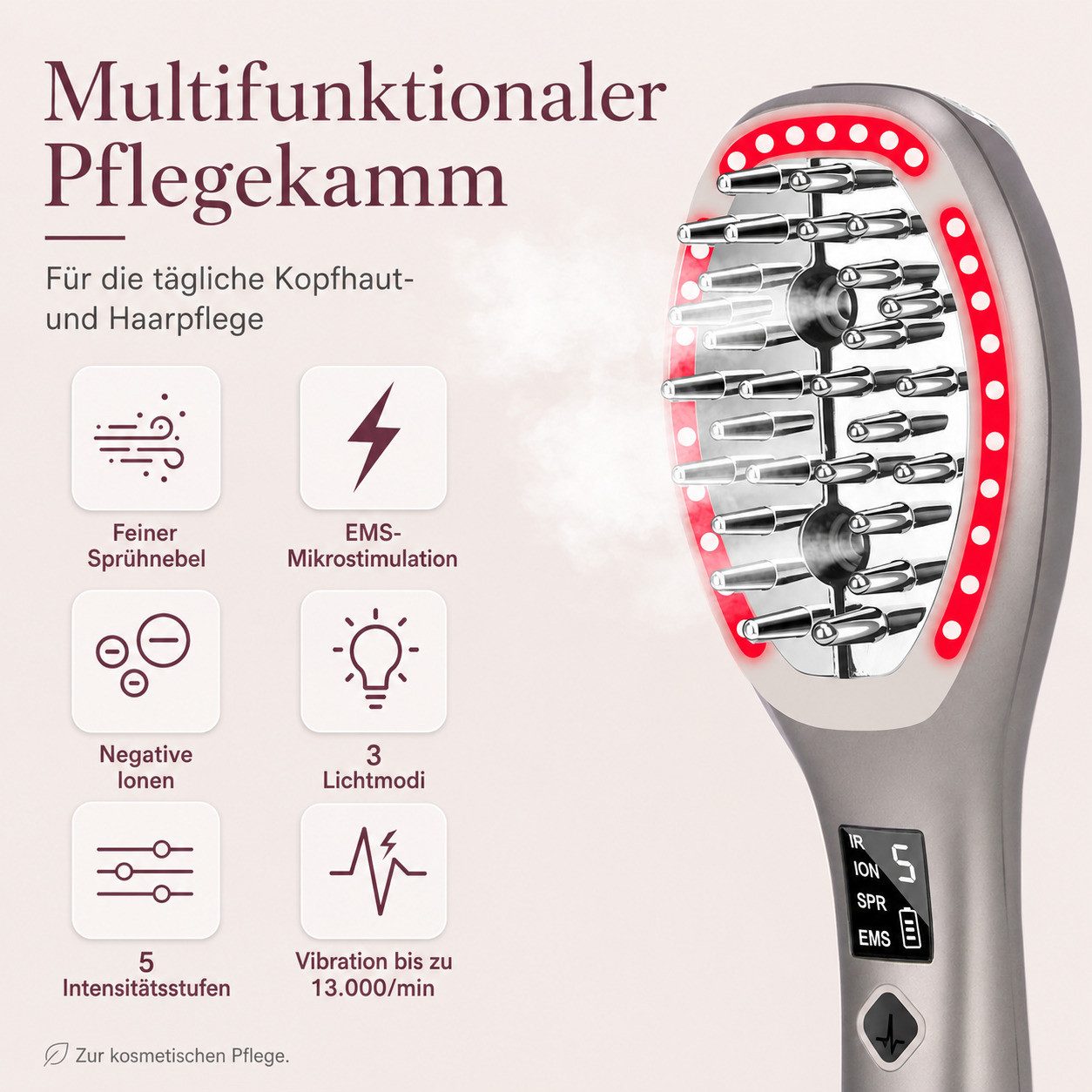 COOL-i ® Elektrohaarbürste 5-in-1 Kopfhautpflegebürste-ideal zur ergänzenden Kopfhautbehandlung, mit 4-farbiger LED, Infrarot, EMS, Ionen-, Nebel- & Vibrationspflege