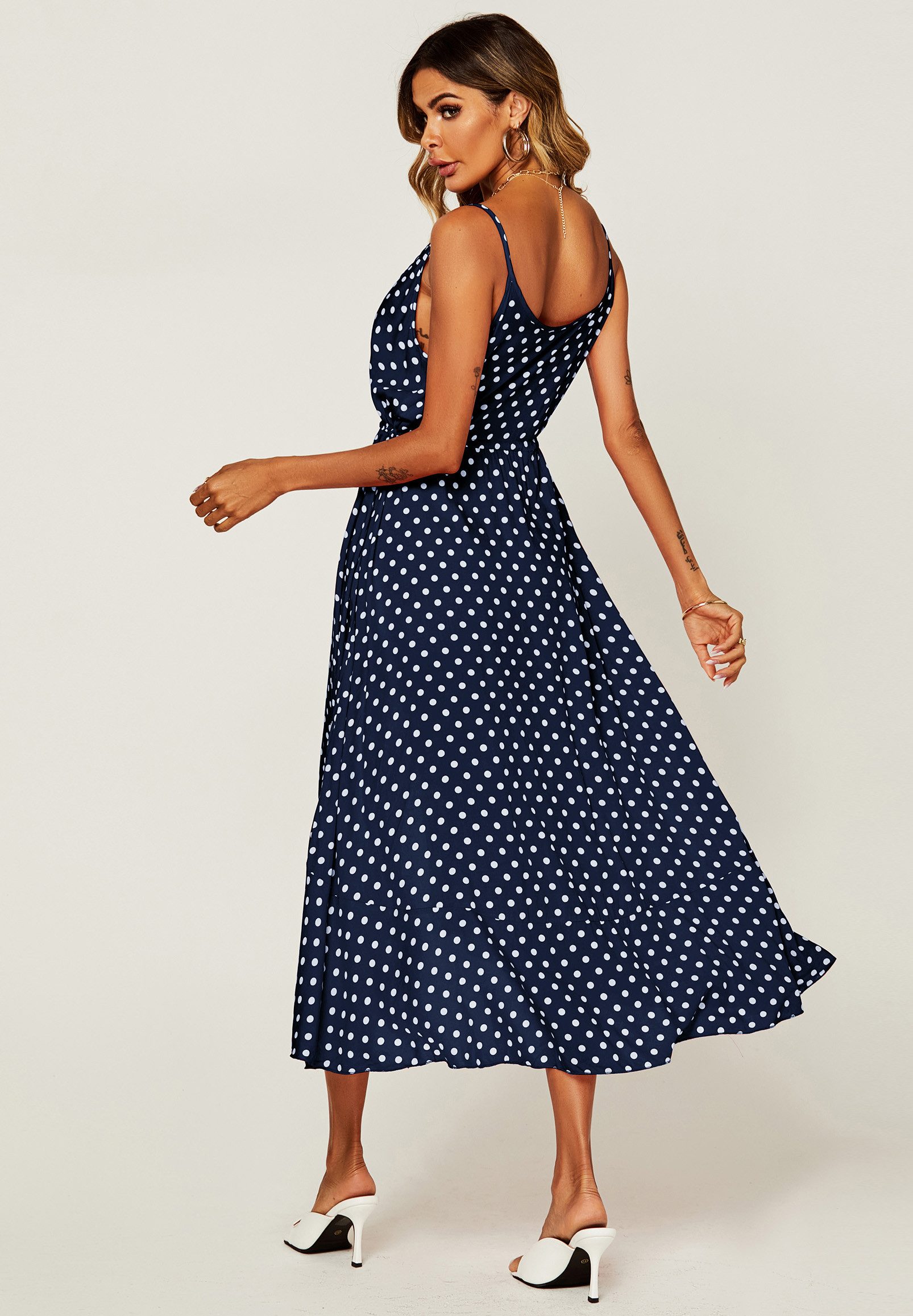 FS Collection Trägerkleid Damen Trägerkleid Midikleid Sommerkleid Print & Bindegürtel, fließend (XS (EU:36 / UK:8) · S (EU:38 / UK:10) · M (EU:40 / UK:12) · L (EU:42 / UK:14) · XL (EU:44 / UK:16), 3 Farben : Marineblau, Staubrot und Fuchsia-Pink) Print, Bindegürtel, Knopfleiste, fließender Stoff