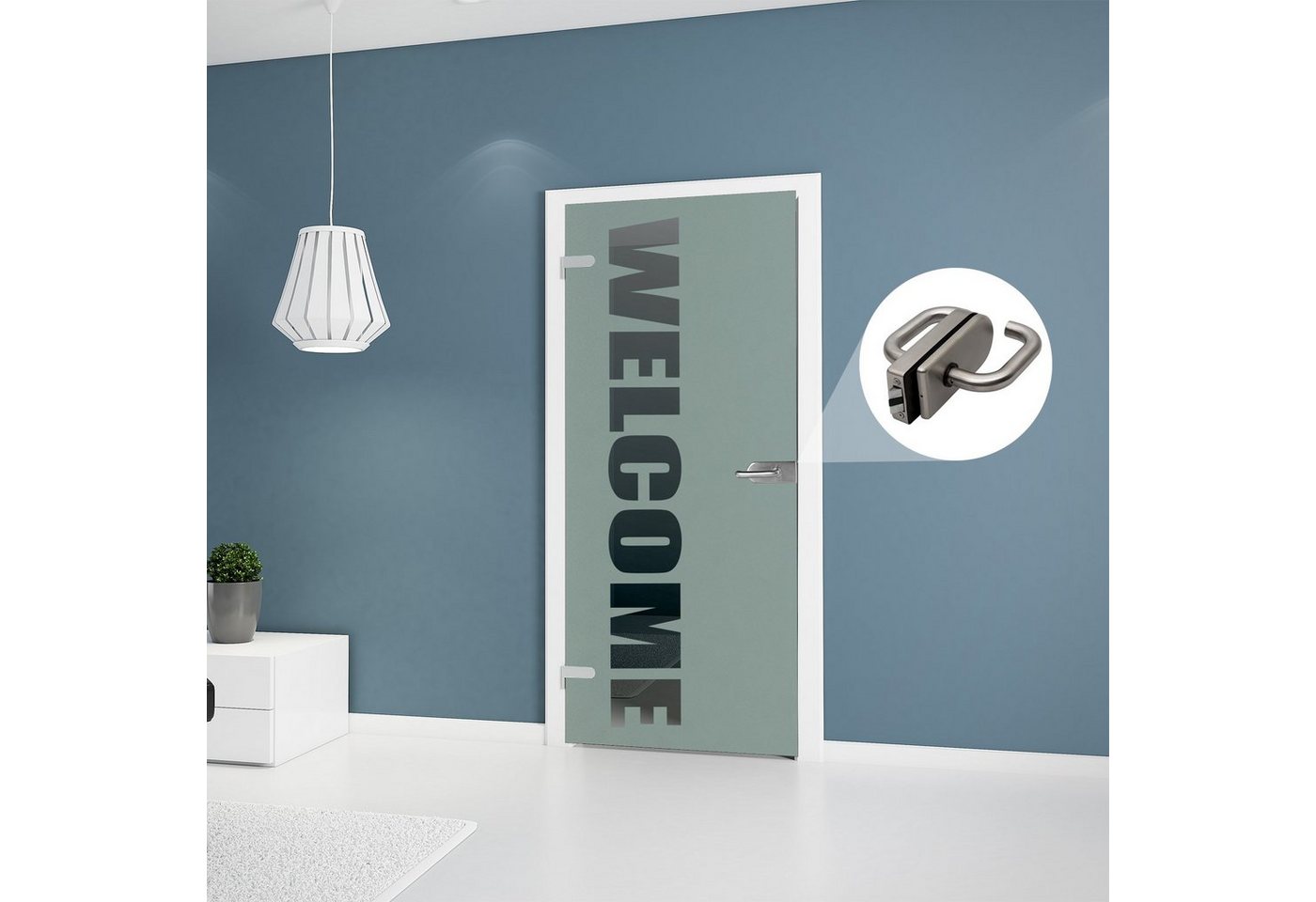 Thumbnail - inova wohnen Zimmertür 83,4 x 197,2 cm Schriftzug "Welcome" Glastür, inkl. Beschlagset nach Wahl