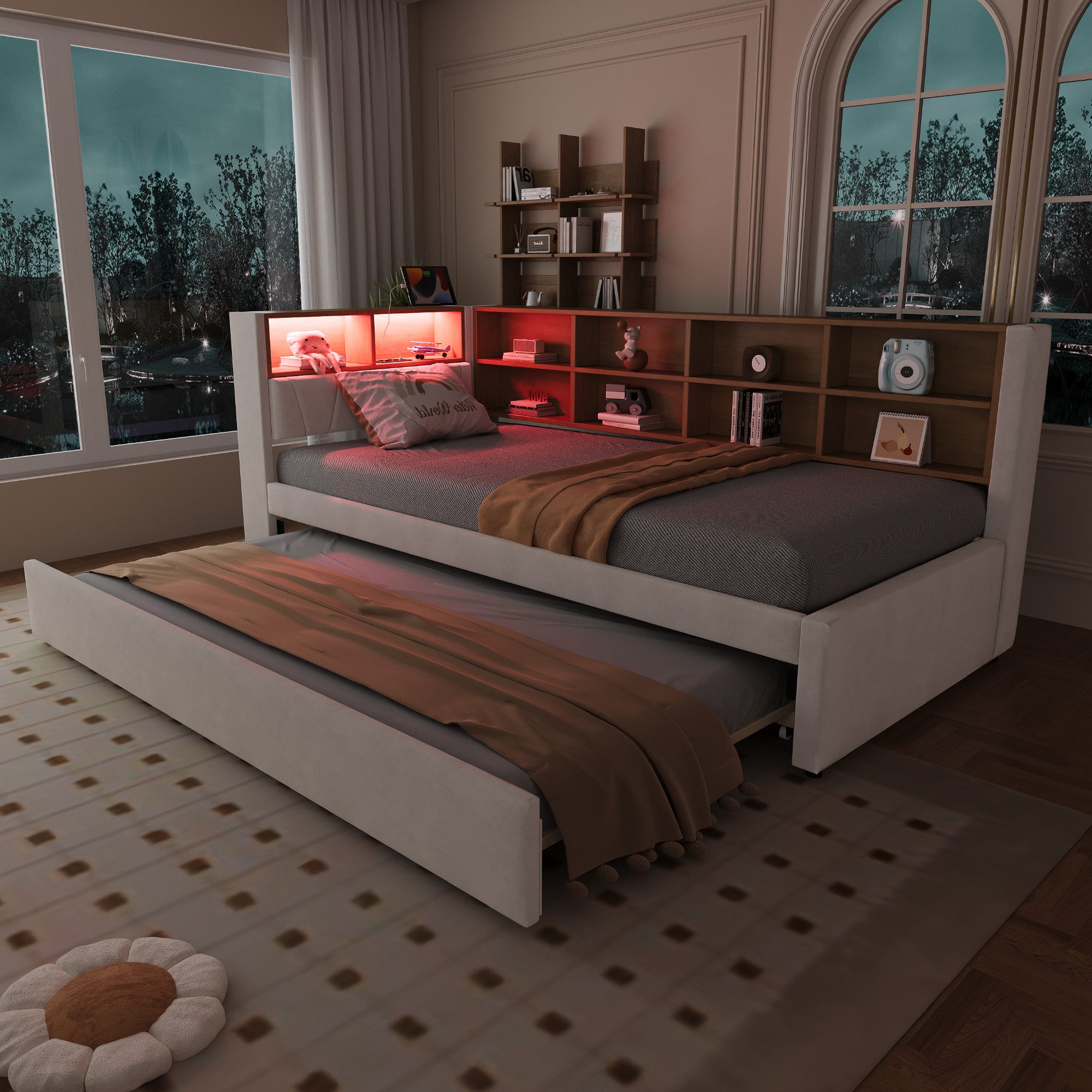 MODFU Schlafsofa mit Steckdosen & Stauraumfächern, Flanellbezug, Polsterbett mit Ausziehbett, LED-Leuchten, Einzelbett 90 x 200 & 90x190 cm, ohne Matratze