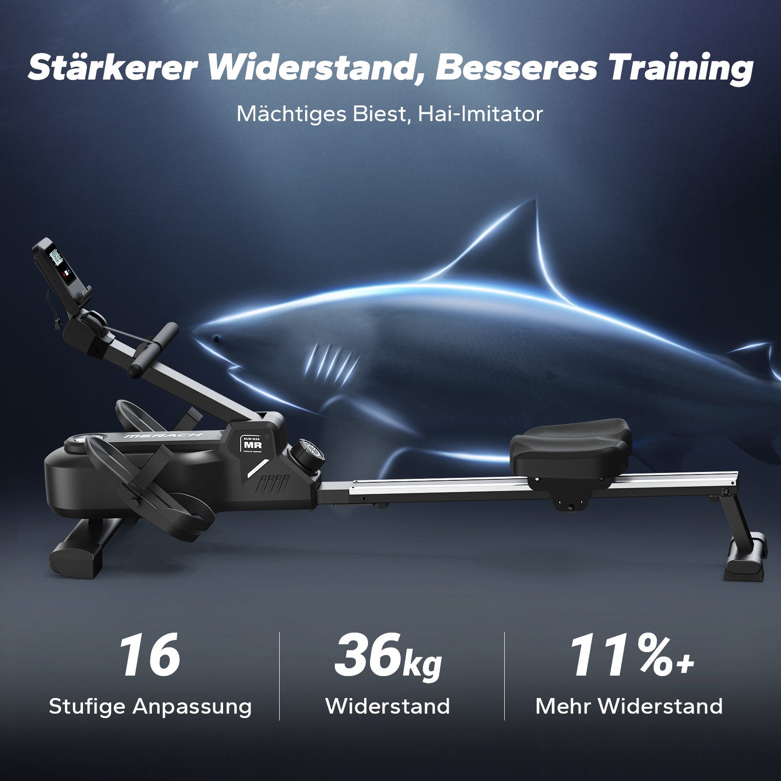 MERACH Rudergerät Rudergerät Heimtrainer Krafttraining - 16 Magnet-Widerstandsstufen (Hai-Aussehen, mit LCD-Monitor, extra leises Magnetbremssystem, mit Exklusiver Interaktiver APP und Spielen, Kinomap App-Kompatibel), Leicht zu Montieren, Geeignet für Ganzkörpertraining
