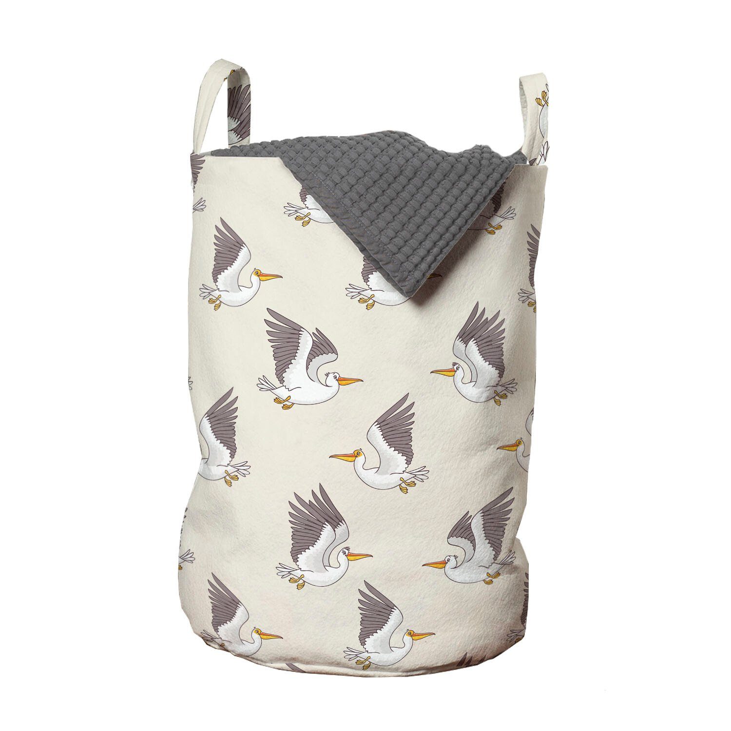 Waschsalons, Wäschesäckchen für Vogel-Druck Fliegende mit Griffen Cartoon Kordelzugverschluss Wäschekorb Pelikane Abakuhaus