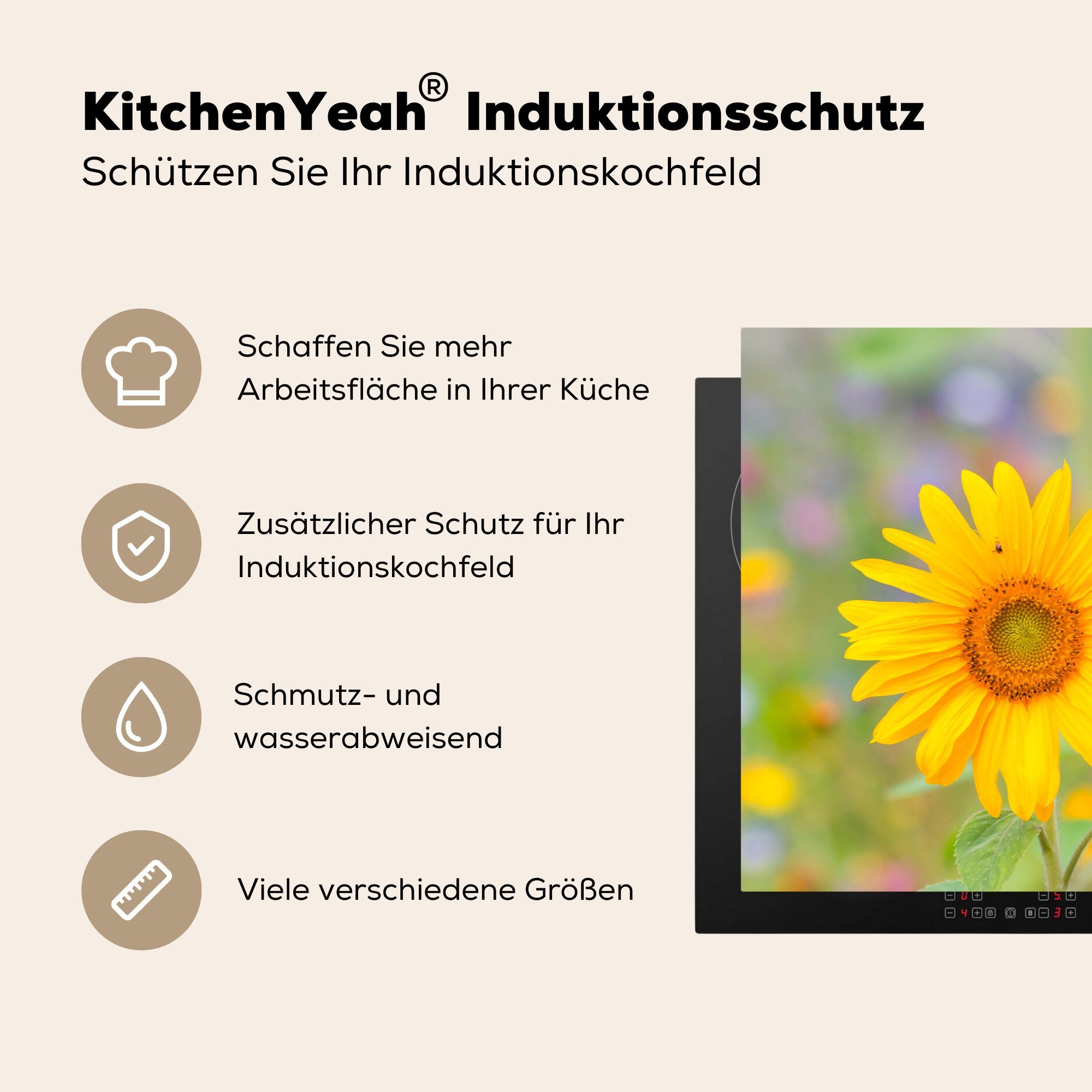 Herdblende-/Abdeckplatte 81x52 Sonnenblume tlg), küche, Blumen Schutz Vinyl, Ceranfeldabdeckung (1 cm, für Induktionskochfeld - die - MuchoWow Gelb,