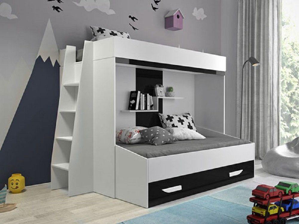 Feldmann-Wohnen Hochbett PARTY (Etagenbett, mit Bettschublade) Farbe wählbar weiß / schwarz Hochglanz - Griffe weiß / schwarz | Hochbetten