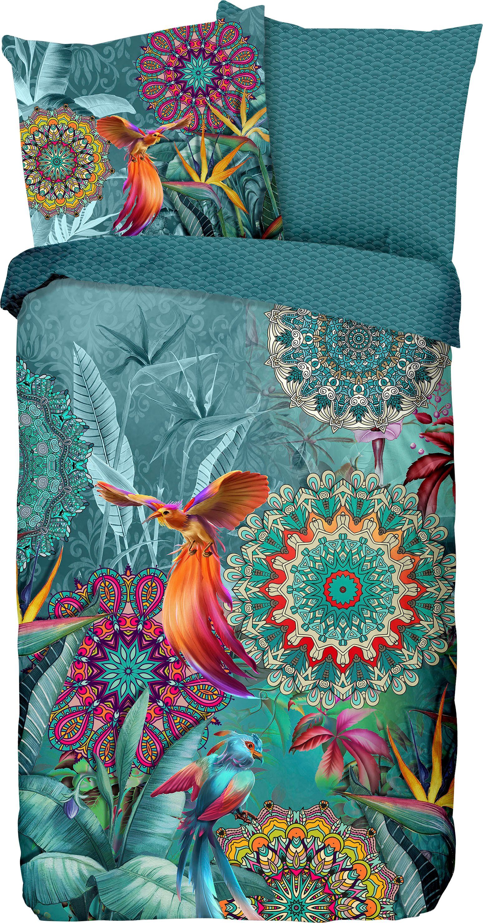 hip Wendebettwäsche Lovise, Satin, 2 teilig, Mako-Satin, 135x200, Reißverschluss, Wendeoptik, Mandala Blumen Petrol